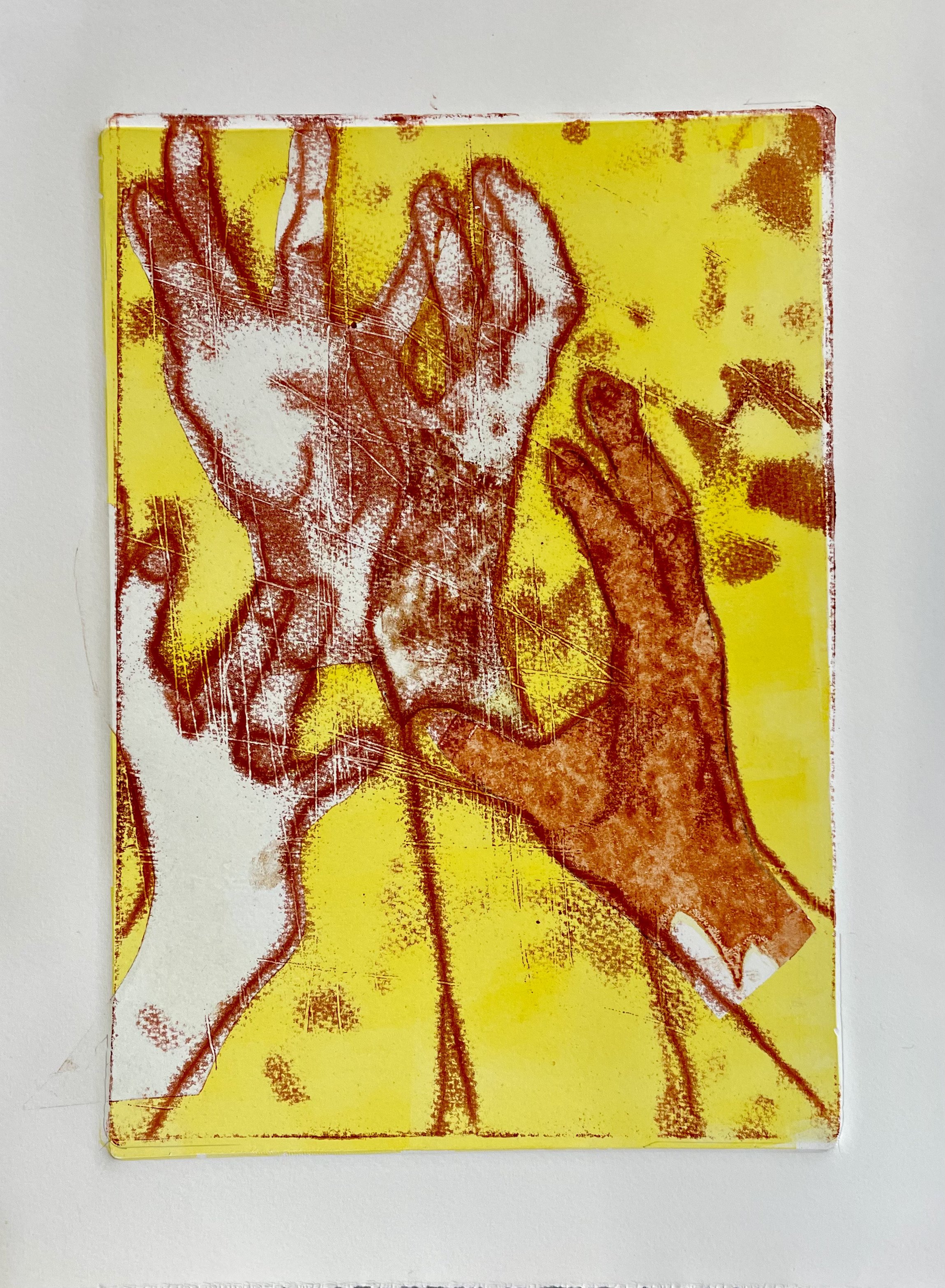 Yellow, orange and red print artwork of hands by artist David Barron