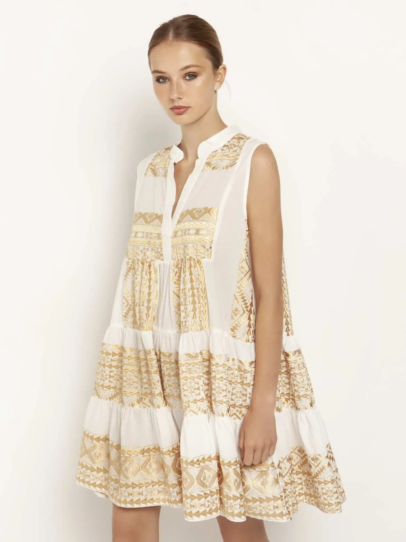 Greek Archaic Kori Embroidered Boho Mini Sleeveless Dress Light White/Gold   Hygeia Delphi