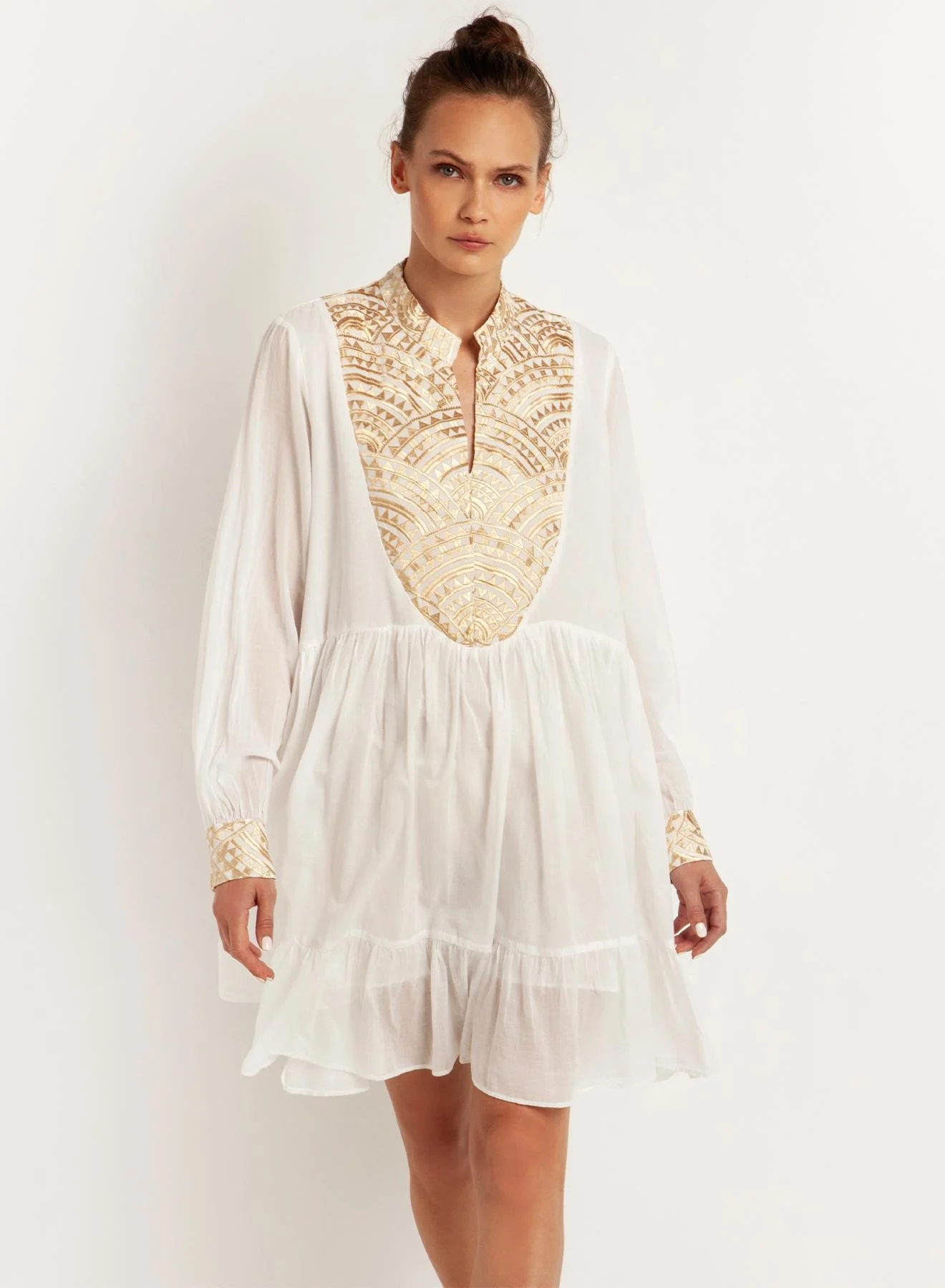 GREEK ARCHAIC KORI White-Gold short new All Over Dress with long sleeves  Greek Archaic Kori  Hygeia Delphi