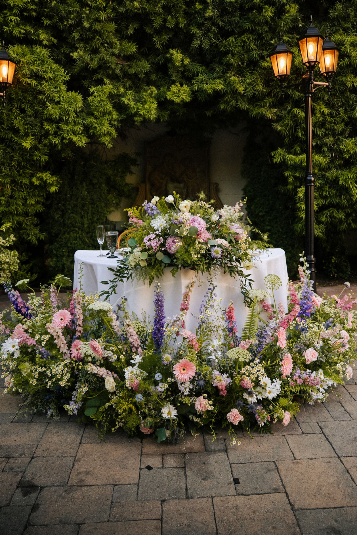 A wildflower sweetheart table at Franciscan gardens