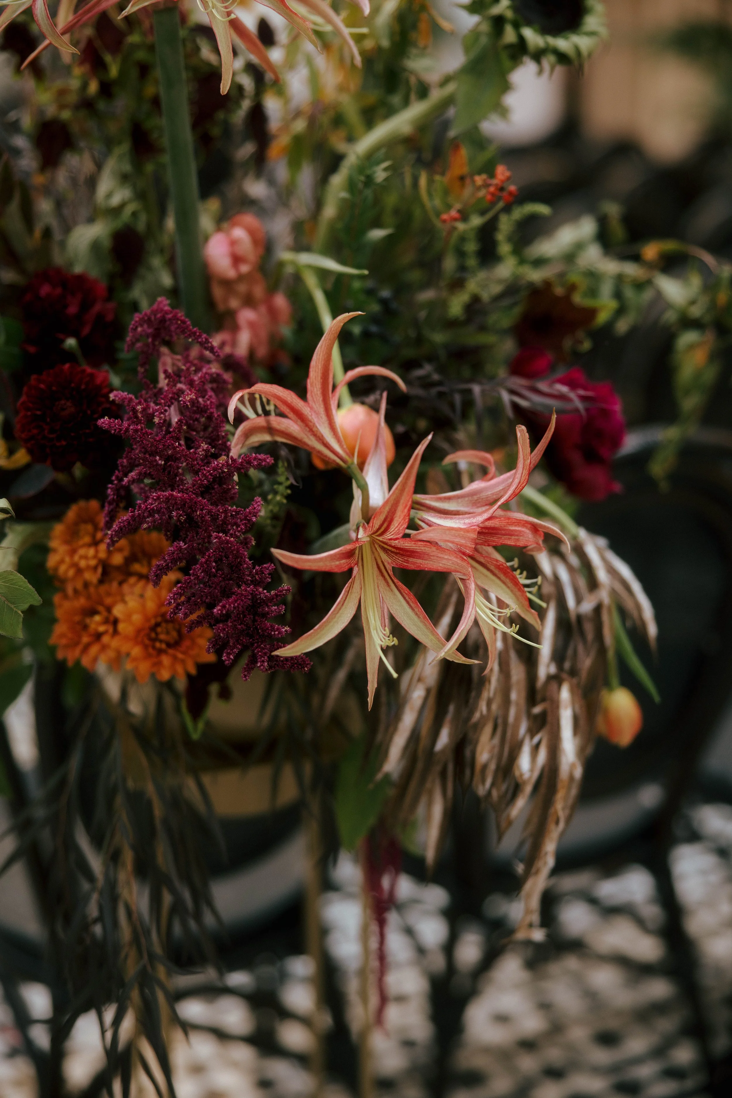 close up of amaryllis and amaranths in floral arrangement