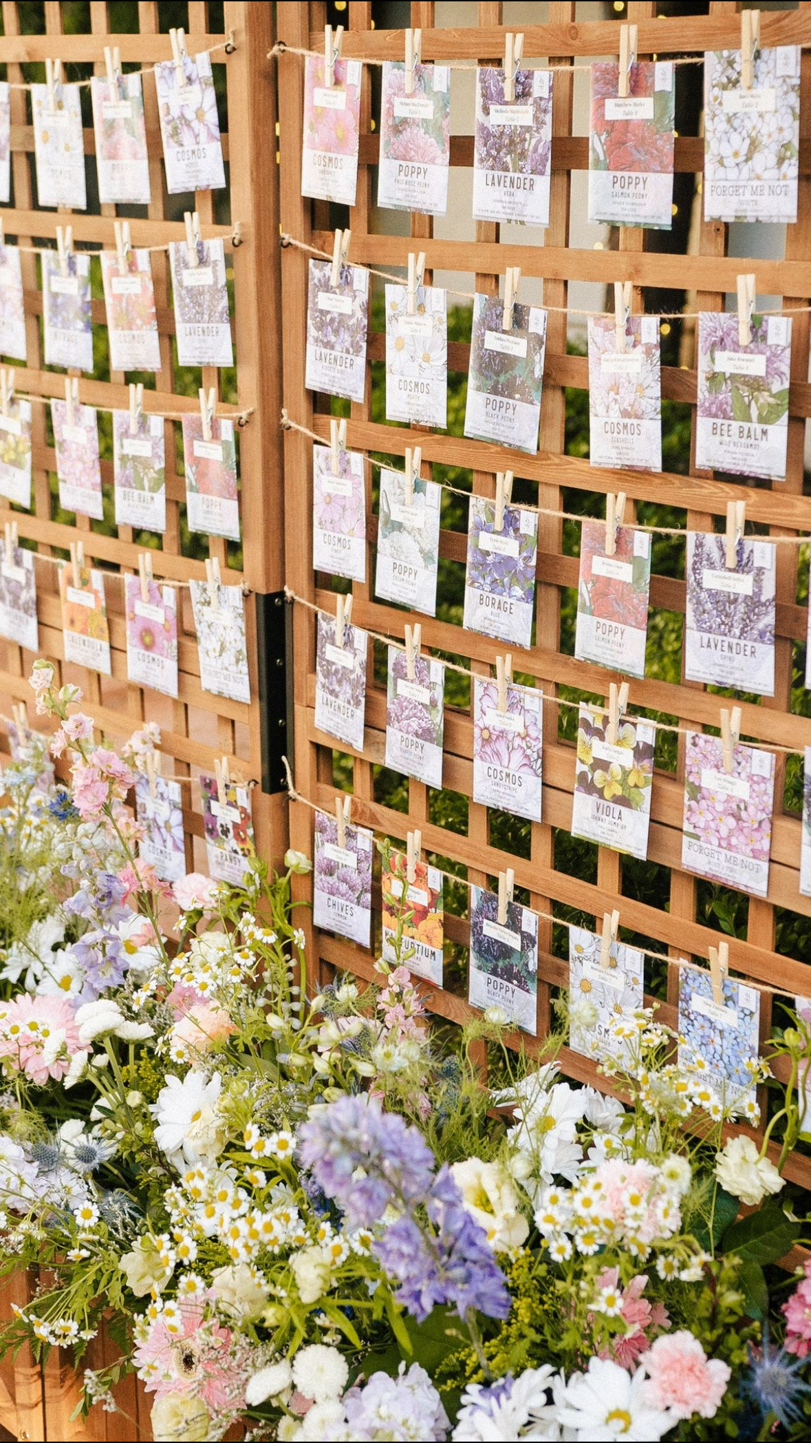 Seed packets with guests name and table number on them for the seating chart