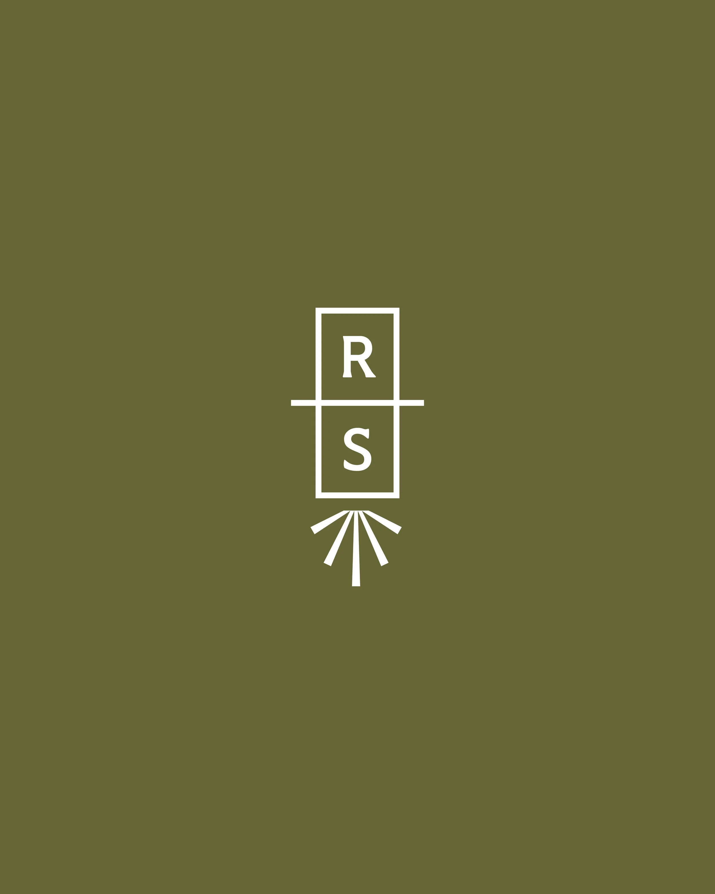 Minimalist logo with the letters 'R' and 'S' inside rectangles, connected by a horizontal line, with a stylized bouquet or brush at the bottom, on a dark green background.