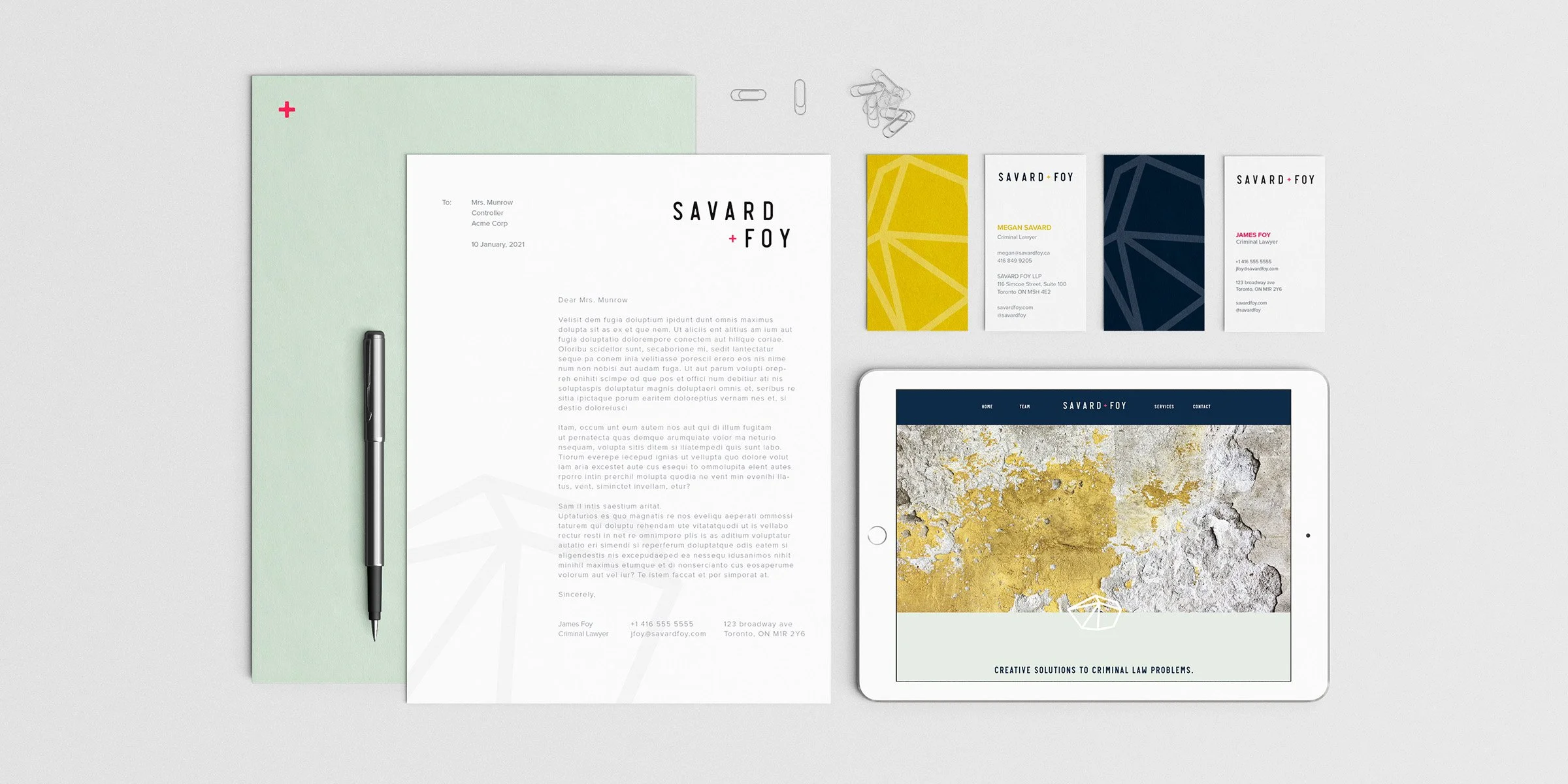 Savards stationery including cover letter, business cards and website landing page.