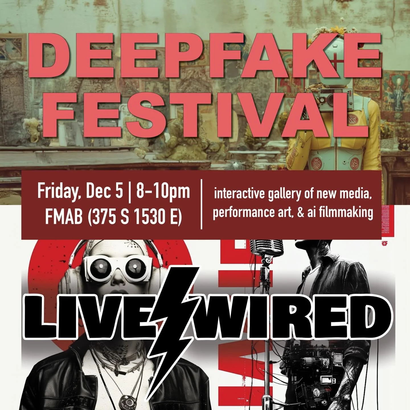 Tonight! Deepfake + Live/Wired Film Festivals, 8-10pm in the FMAB. 

@uofuartspass @uofufinearts @utahstudentexperience