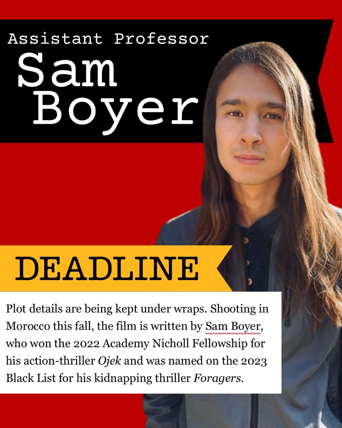 Assistant Professor Sam Boyer was recently featured in Deadline for his upcoming Morroco-set action-thriller project, set to be produced by Emily in Paris star Philippine Leroy-Beaulieu. Read more at the link in our bio!

@samboyer @uofuenglish @uofu