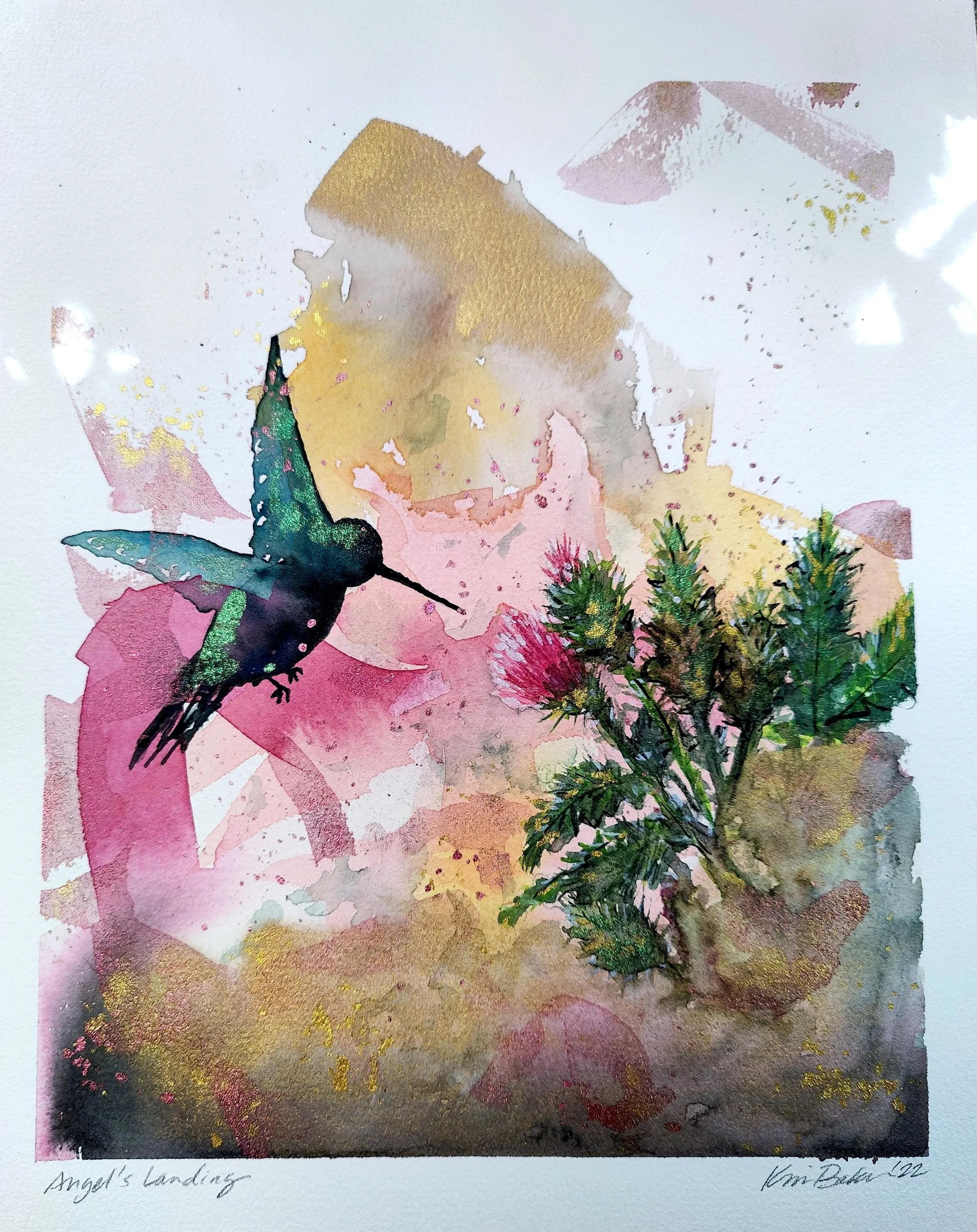 "Angel's Landing." Hummingbird alighting on foliage at Angel's Landing in Zion National Park, Utah. Sold.