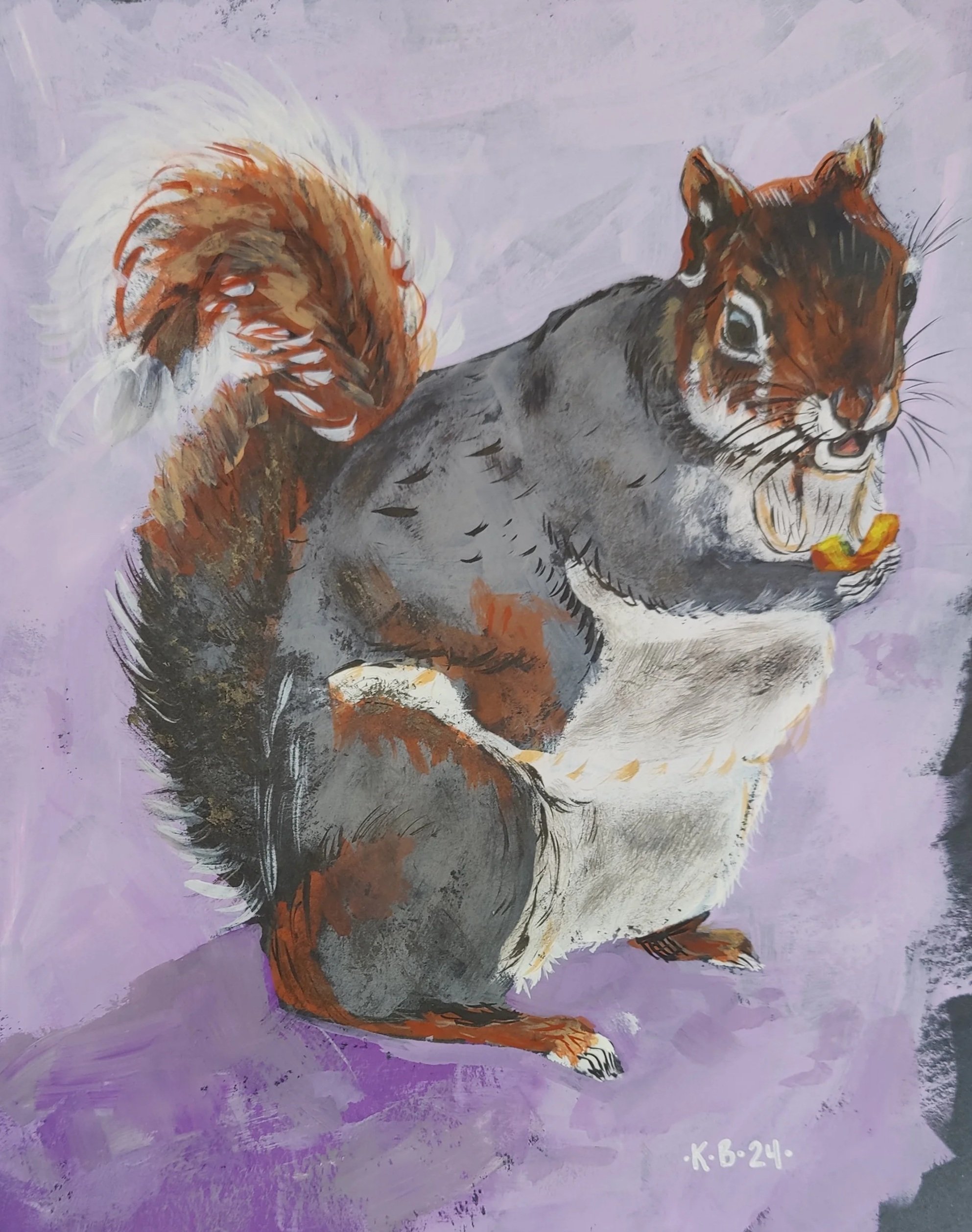 "Squirelly with a curly." Portrait of a squirrel with a curly fry. Sold.
