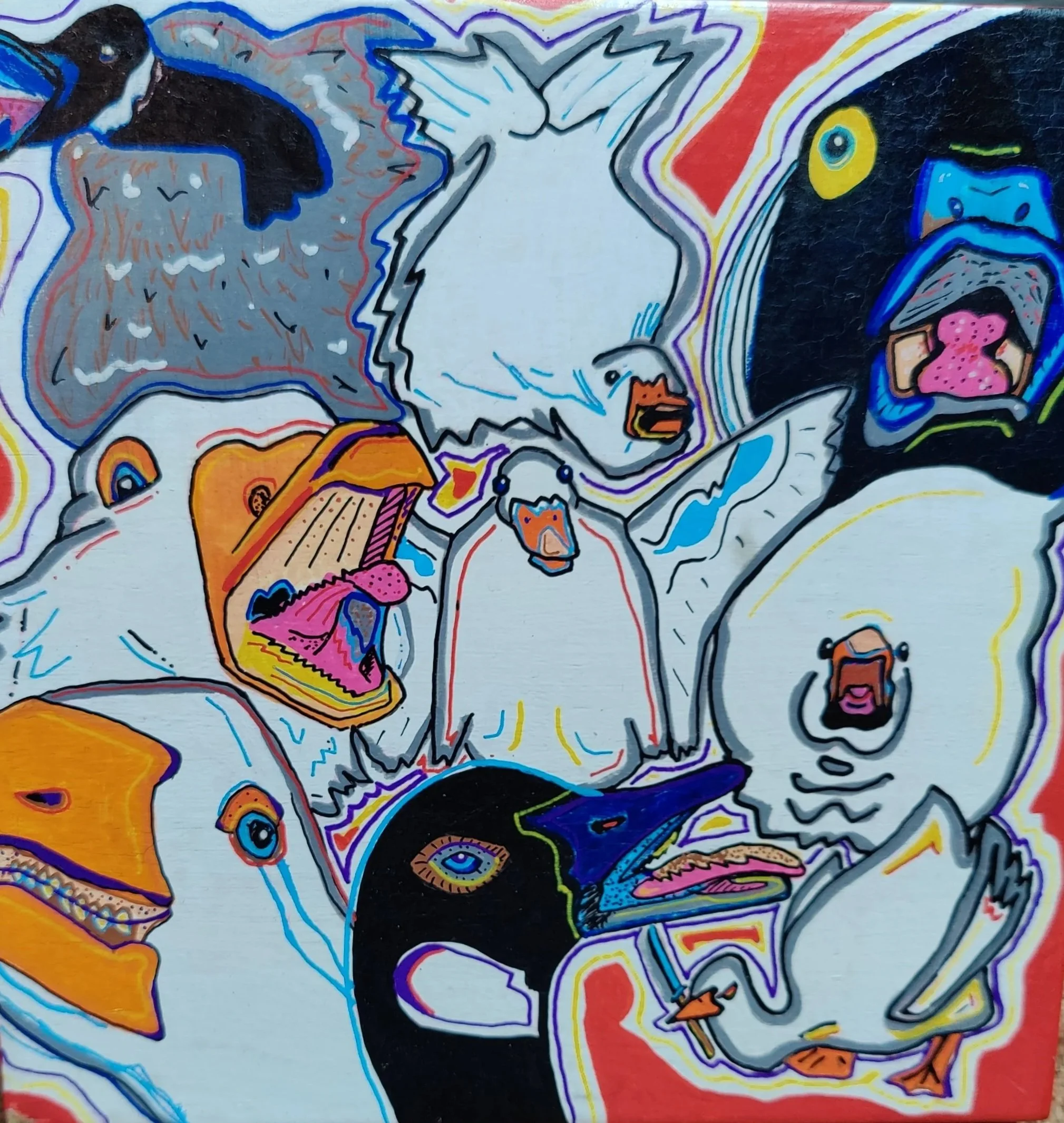 "Goosocalypse." Various geese displaying rage. Sold.