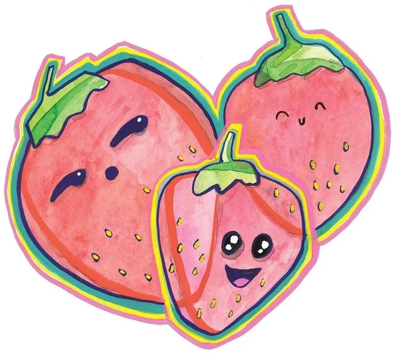 "Berry buddies." Gouache and watercolor on paper. Approximately 8"x8". $50