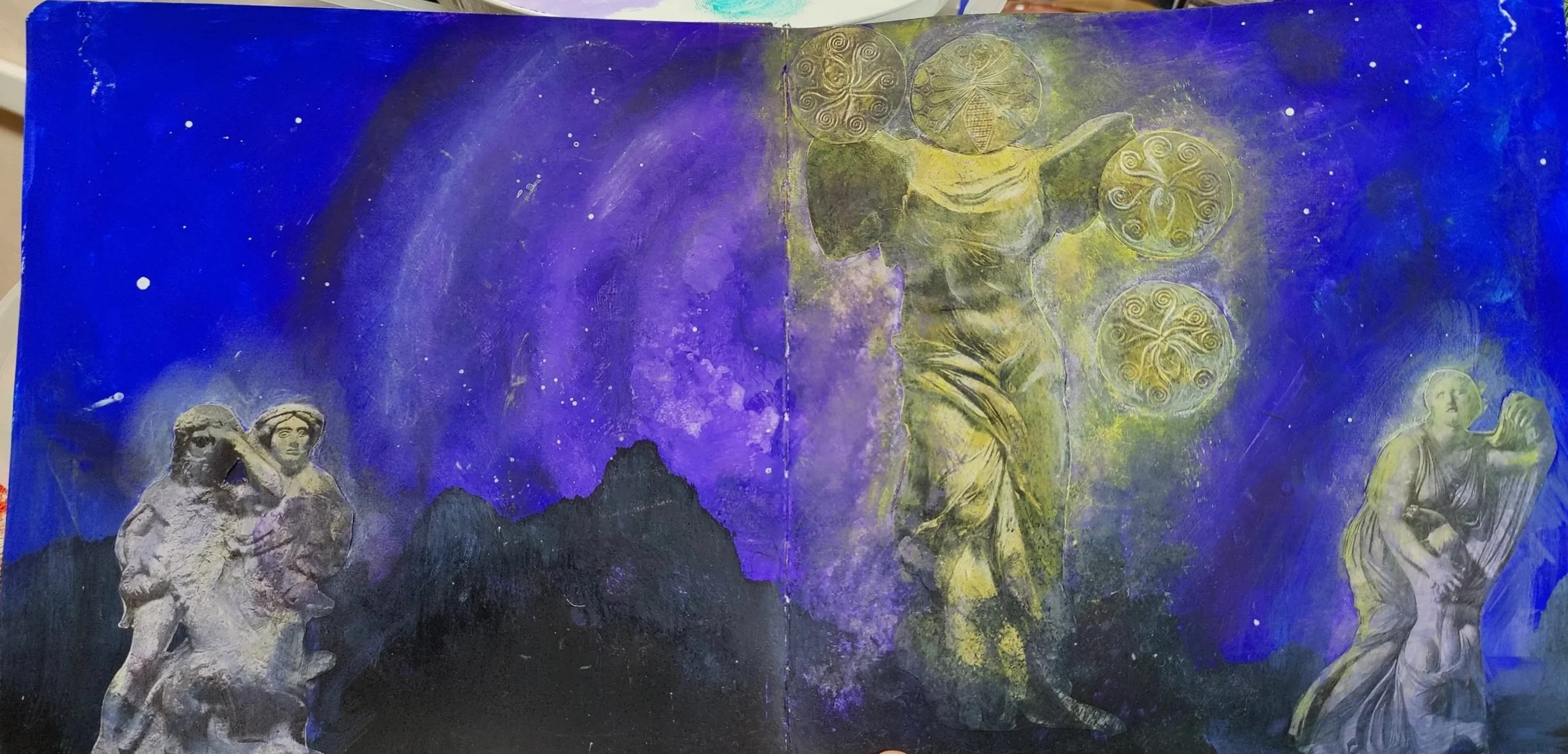 Sketchbook spread. Mixed media collage. Not for sale.