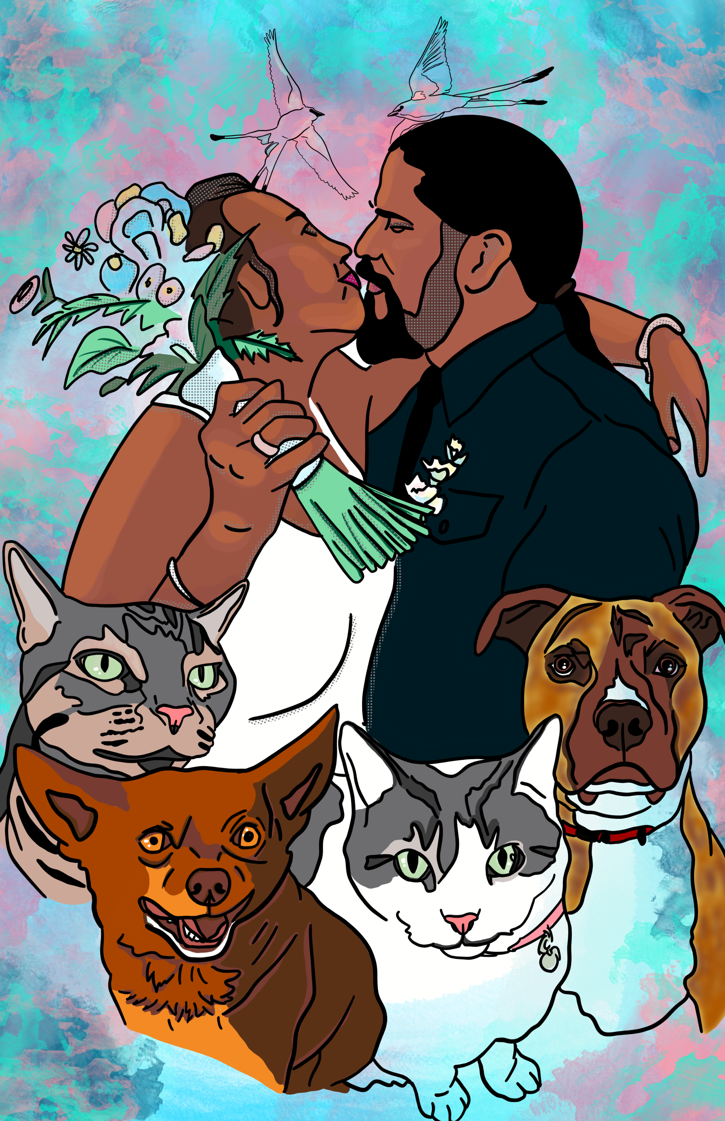 "The Navarro Family". Anniversary portrait of couple and pets. Sold.