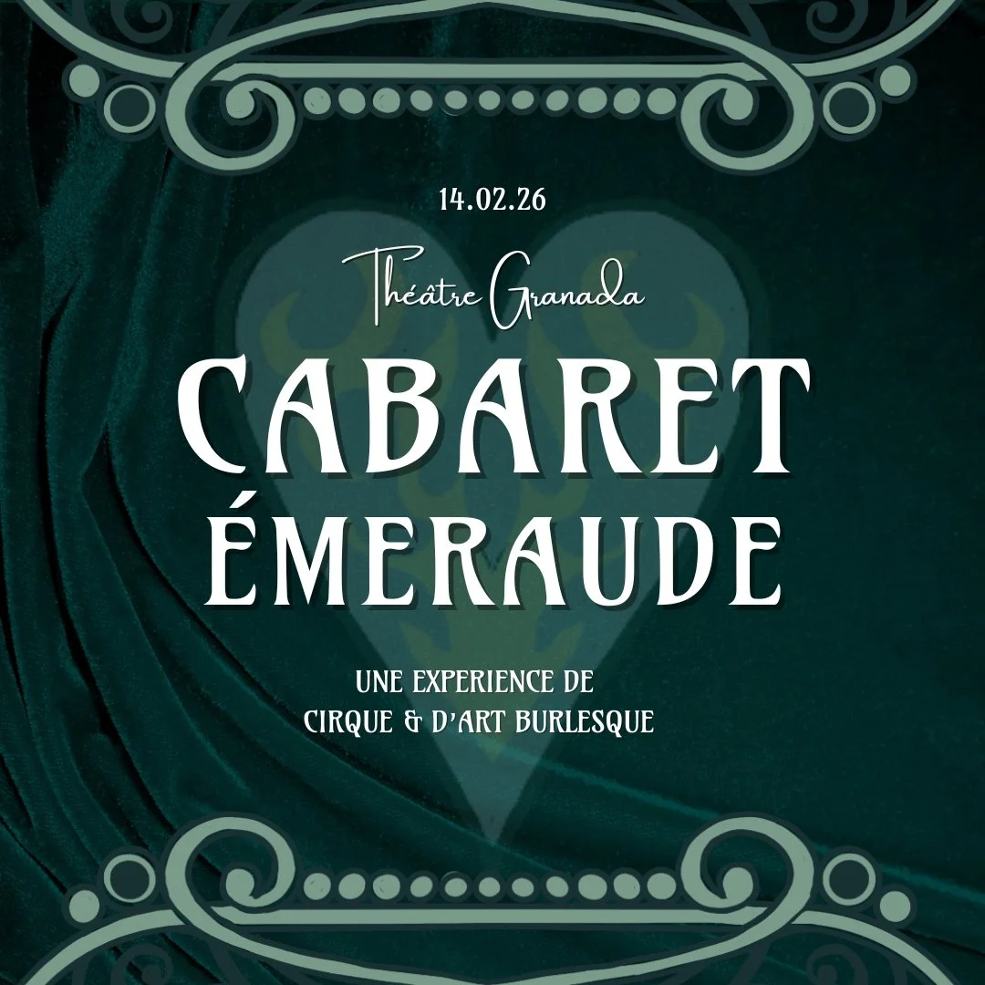 Poster advertising the cabaret 'Émeraude' at Théâtre Granada on February 14, 2026, featuring circus and burlesque art.