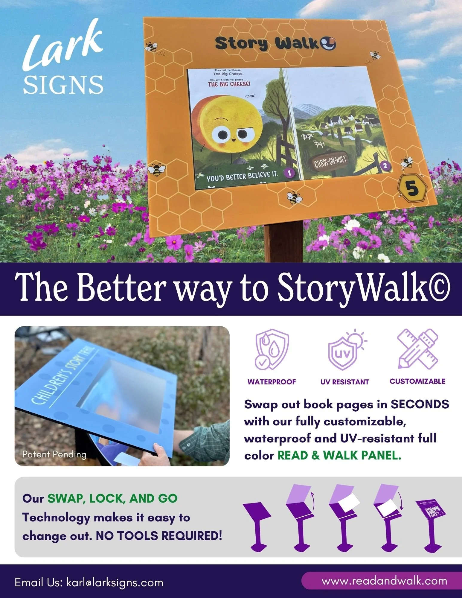A colorful outdoor sign flyer for a story walk signs, featuring cartoon images of a cheese character and a farm scene, with bees and honeycomb design elements, promoting an interactive story experience.