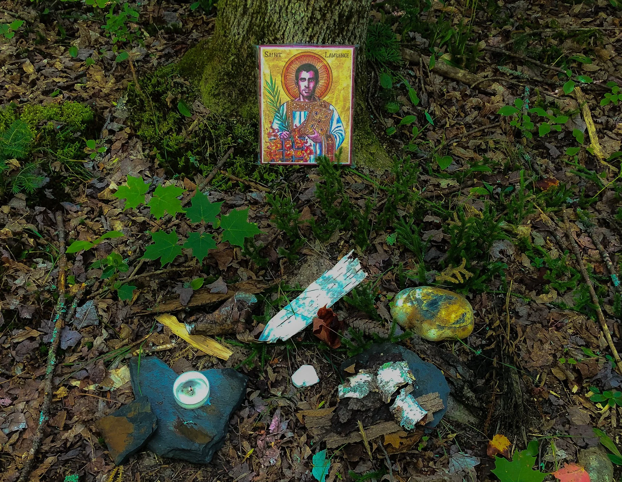 Wilderness altar with icon of St Lawrence