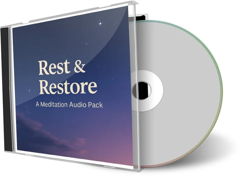 Rest & Restore meditation pack cover – calming night sky design with title and 6-track audio bundle for sleep and relaxation