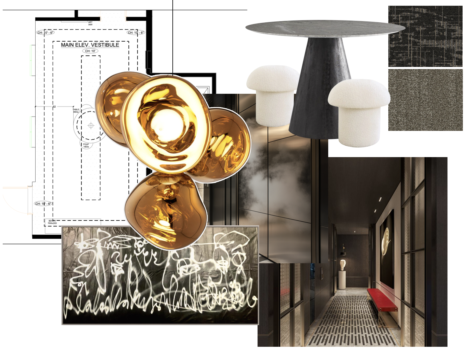 Mondi, Luxury, Chicago, Illinois, Denver, Colorado, Residential Interior Design, Interior Designer, Design Firm, New Construction, Hotel, Contract, Hospitality, Mood Board, Moody Palate, Floor Plan, Hallway, Corridor, Luxury Suite