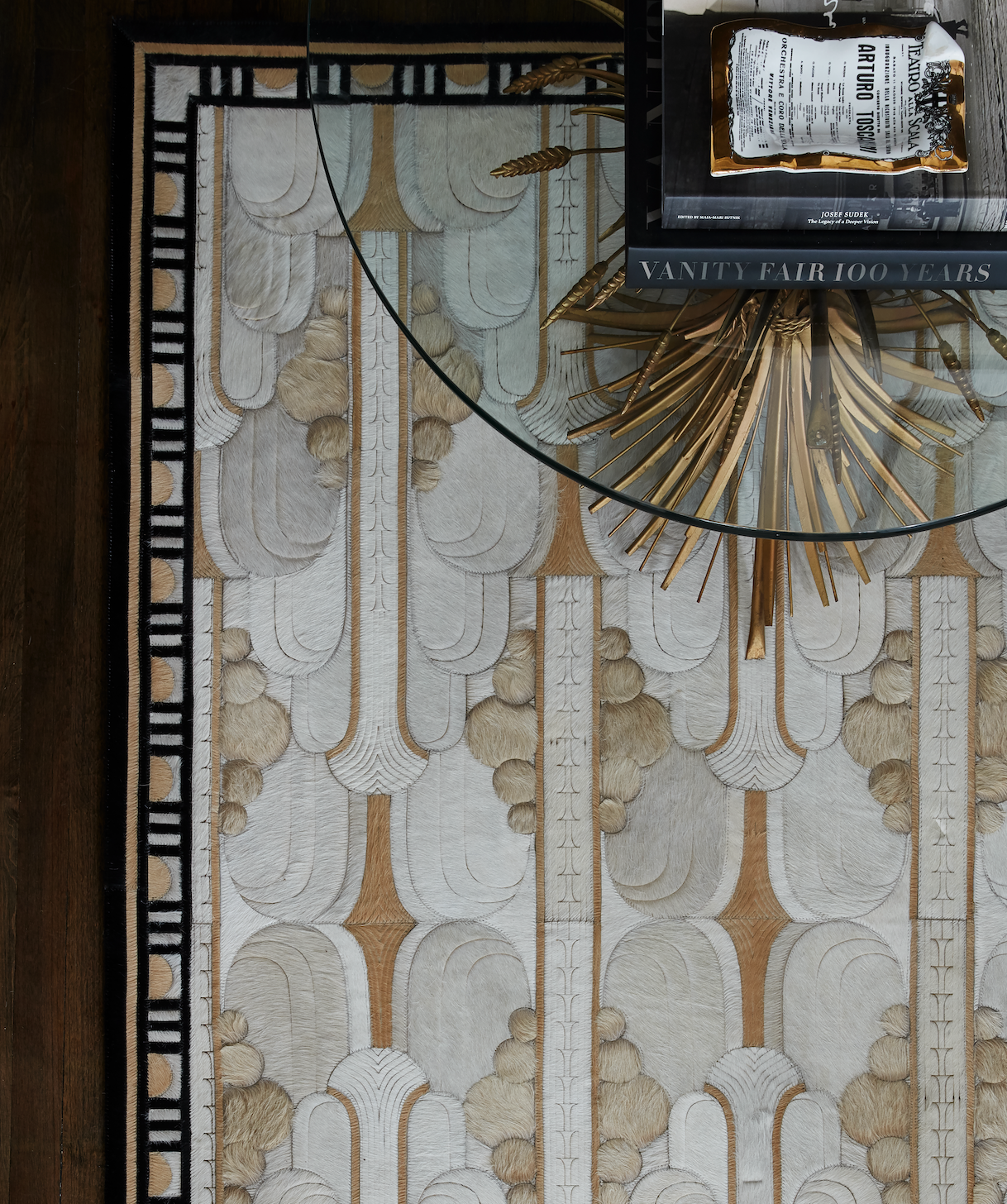 Mondi, EnVie, Bespoke, Custom, Denver, Chicago, Modern, Art Deco, Hide Rug, Skyscraper, Black,  Gold, Creme, Decadence, The Great Gatsby