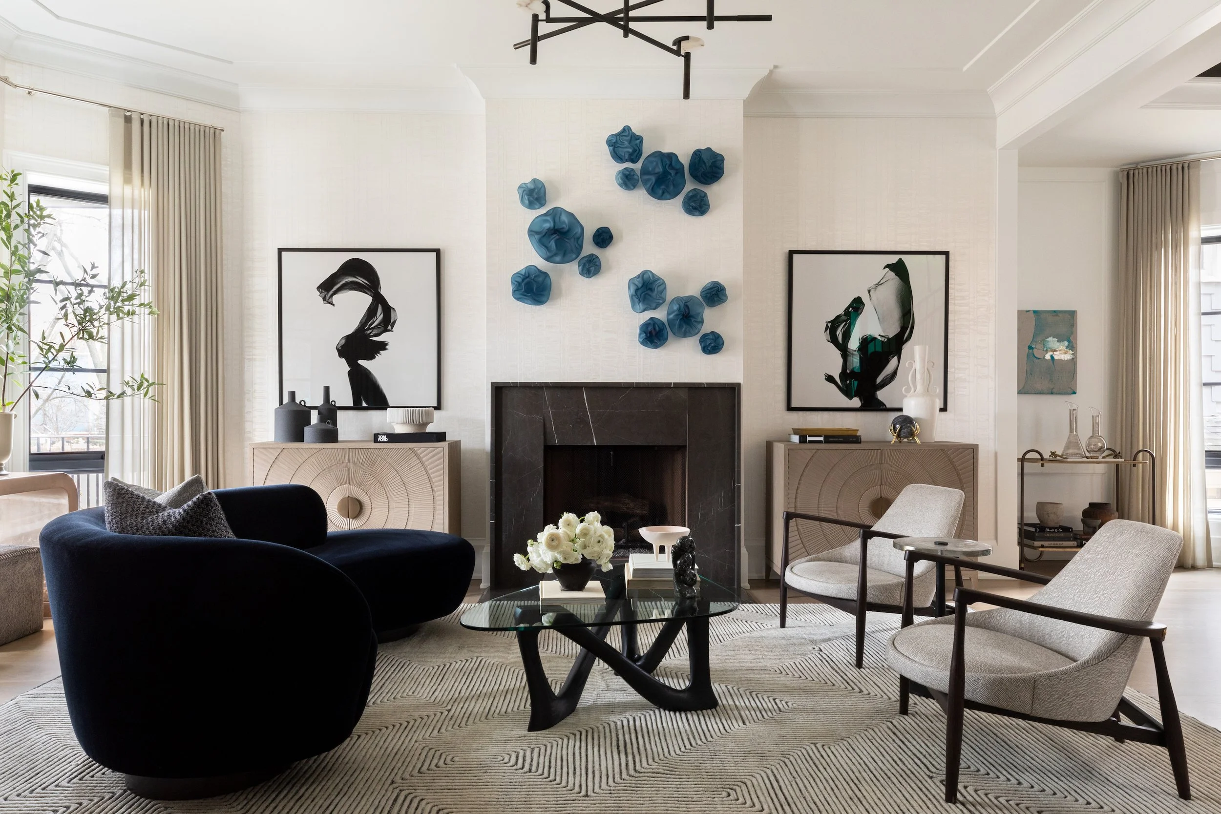 Mondi, Luxury, Chicago, Illinois, Denver, Colorado, Residential Interior Design, Interior Designer, Design Firm, Renovation, Modern, Fireplace, Statement Art, Blue, Contemporary, Form and Function