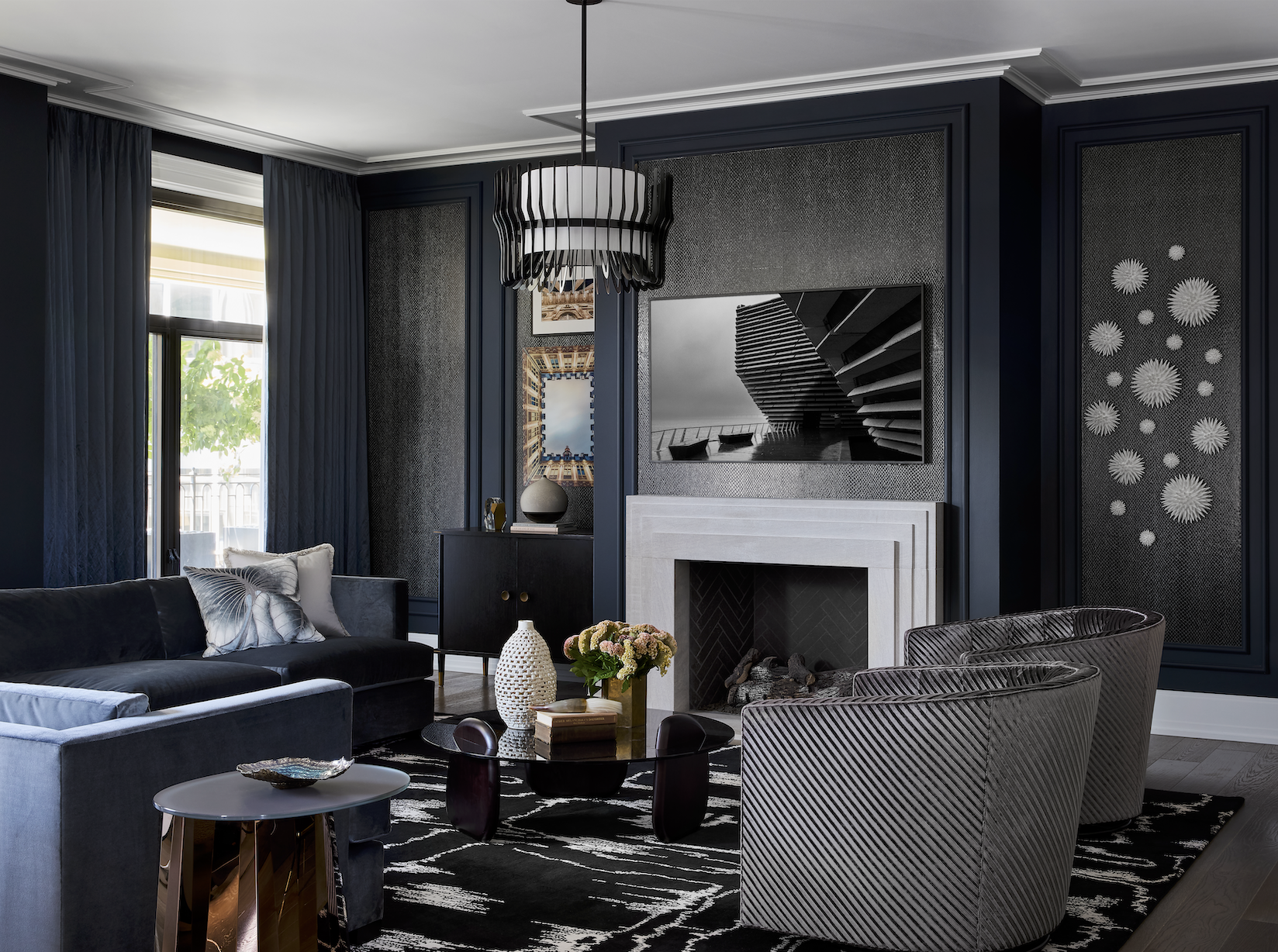 Mondi, Luxury Design, Lounge, Family Room, Living Room, Fireplace, Luxury Residential Interior Design, Luxury Interior Design Firm, New Construction, Renovation, Blue, Moody