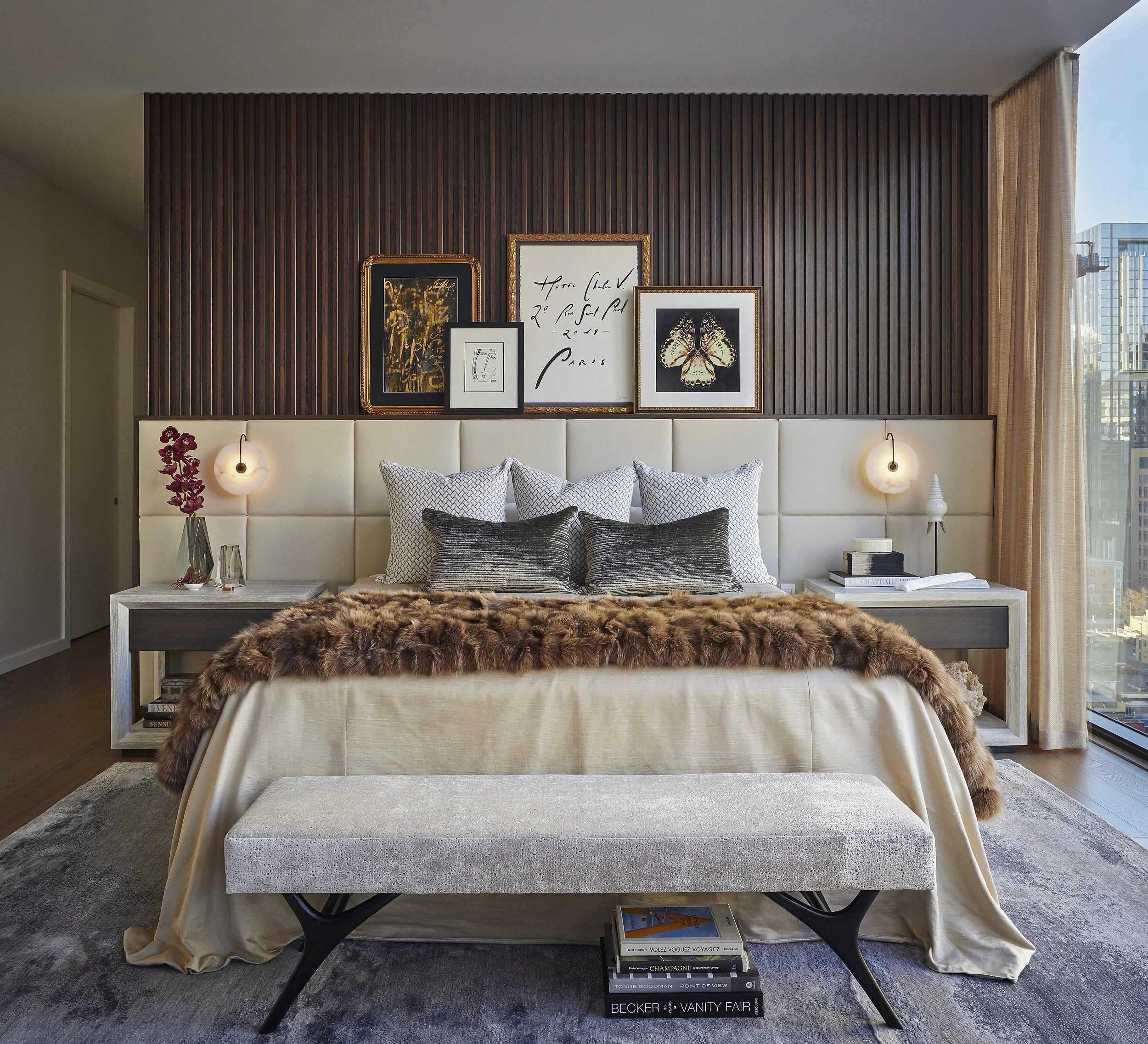 Mondi, Luxury, Chicago, Illinois, Denver, Colorado, Residential Interior Design, Interior Designer, Design Firm, Renovation, Modern, Condo, High Rise, City Views, Primary Bedroom, Master Bedroom, Penthouse, Gallery Wall, Wall Headboard, Faux Fur