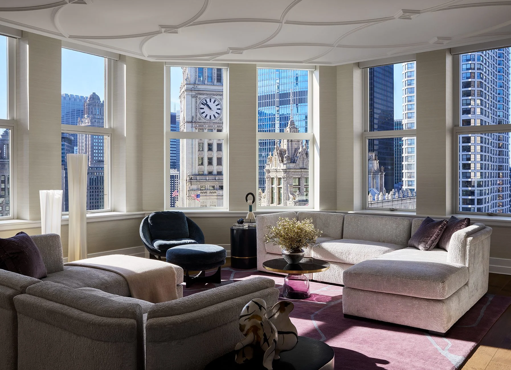 Mondi, Luxury, Chicago, Illinois, Denver, Colorado, Residential Interior Design, Interior Designer, Design Firm, Renovation, Modern, New Construction, Family Room, Living Room, City Views, Sectional, Natural Light, Tribune Towers, Condo