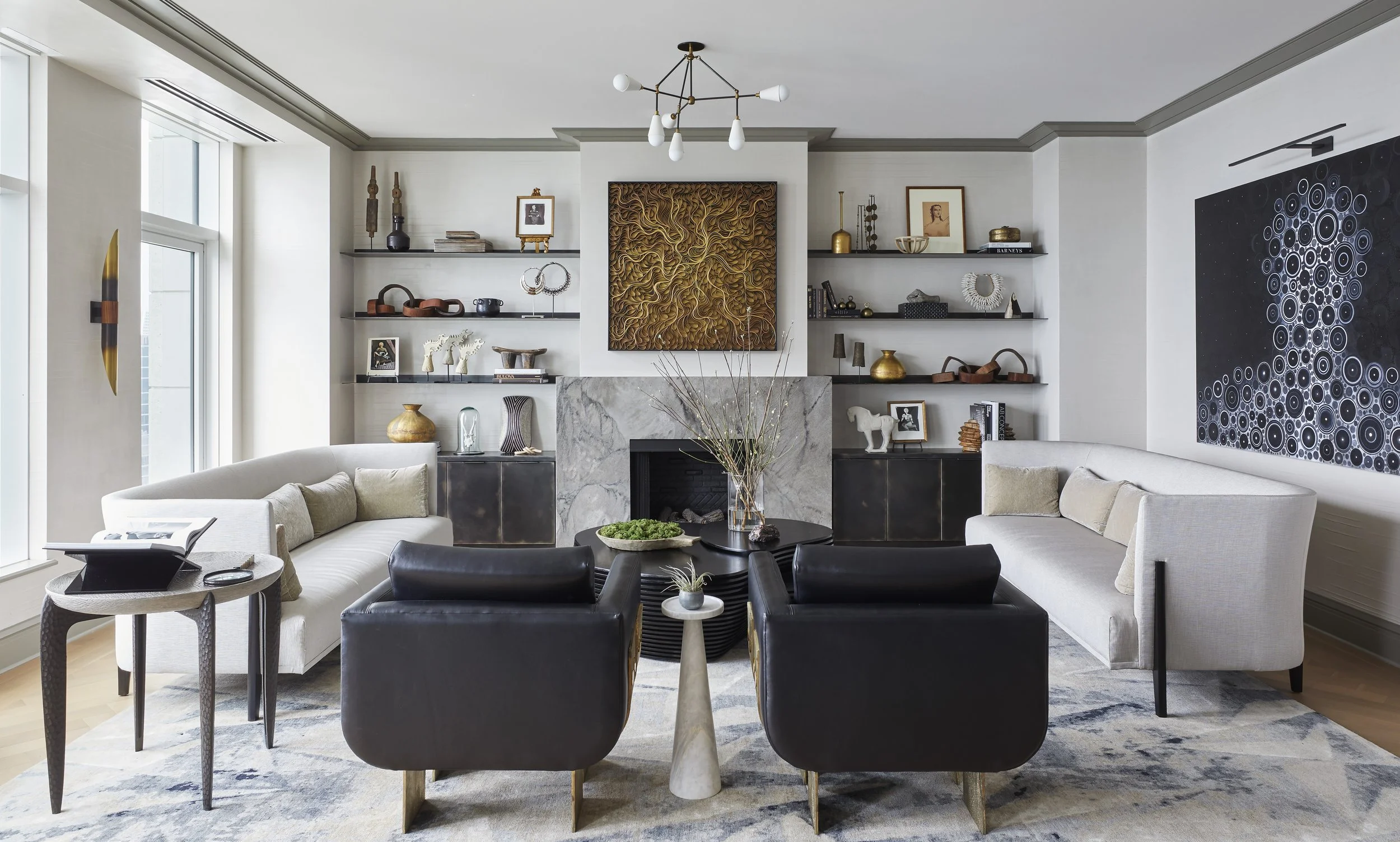 Mondi, Luxury, Chicago, Illinois, Denver, Colorado, Residential Interior Design, Interior Designer, Design Firm, Renovation, Modern, City Skyline, Living Room, Family Room, Marble, Velvet, Open Concept, High-rise, Fireplace