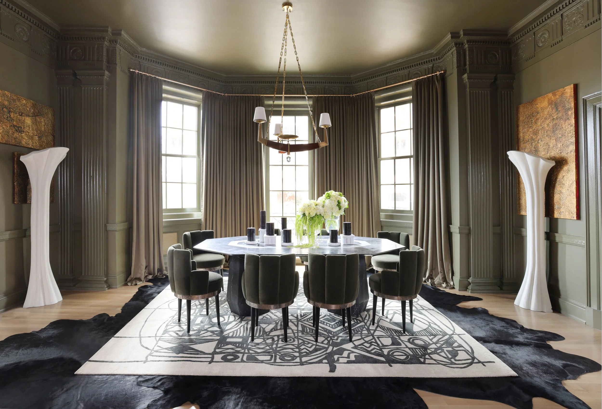 Mondi, Luxury, Chicago, Illinois, Denver, Colorado, Residential Interior Design, Interior Designer, Design Firm, Renovation, Modern, Show House, Luxury Townhouse, Dining Room, Formal Dining Room, Color Drenching, Moody, Green, Hide Rug, Statement Art