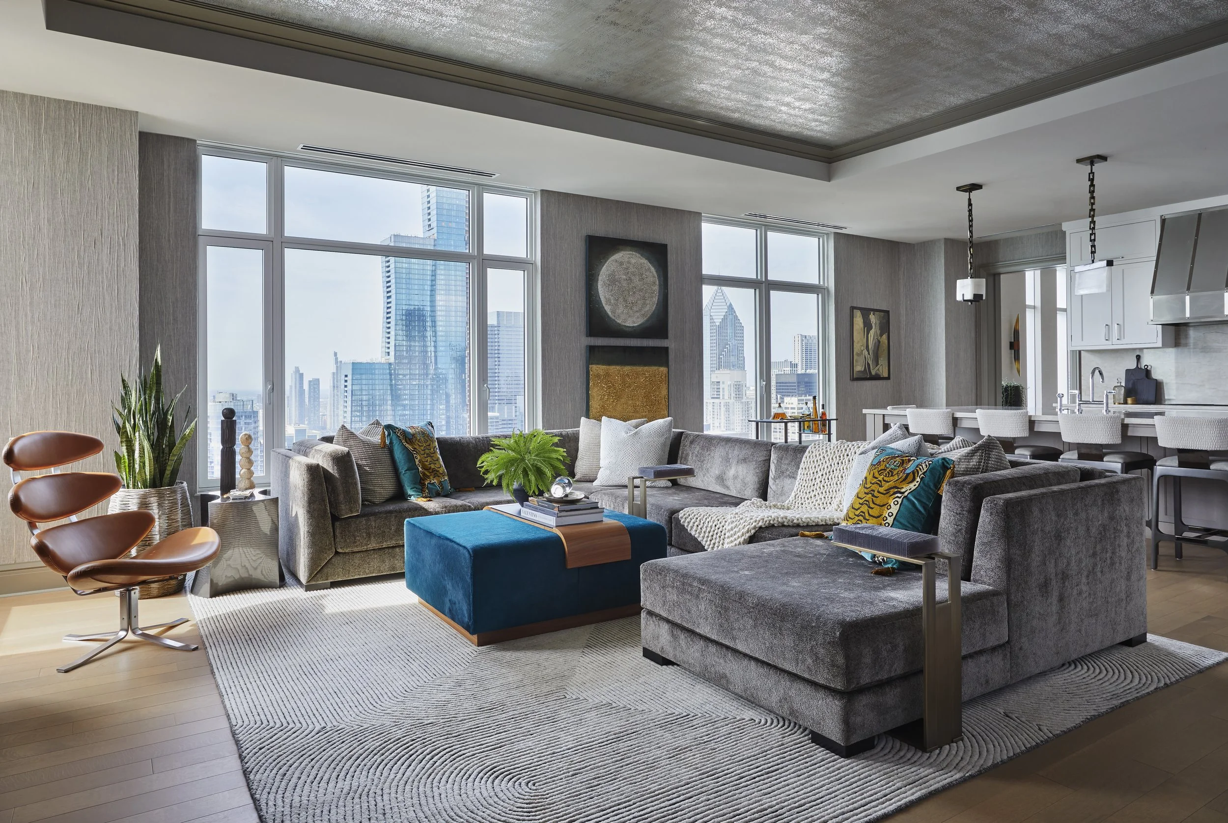 Mondi, Luxury, Chicago, Illinois, Denver, Colorado, Residential Interior Design, Interior Designer, Design Firm, Renovation, Modern, City Skyline, Living Room, Family Room, Sectional, Velvet, Eclectic, Open Concept