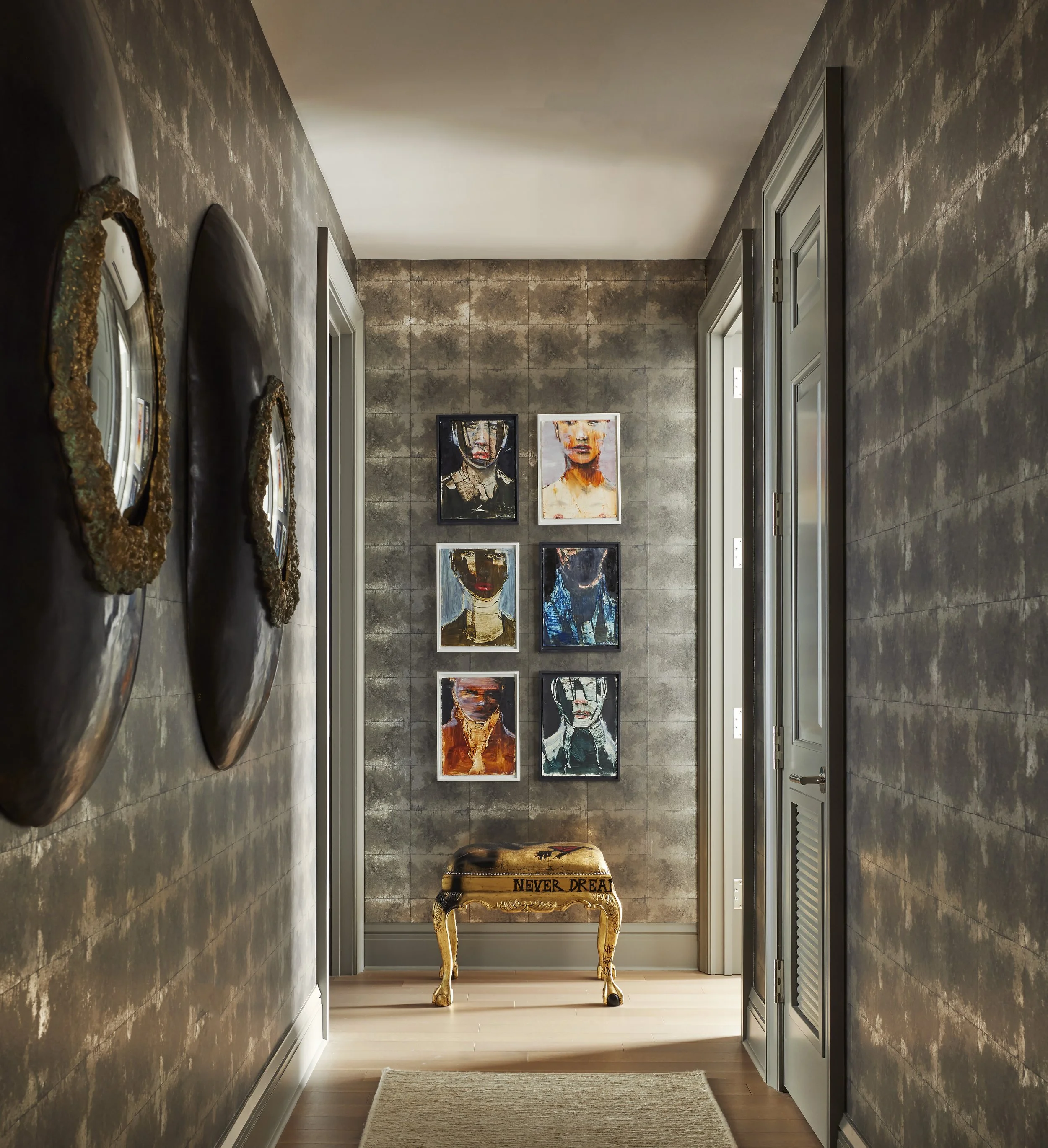 Mondi, Luxury, Chicago, Illinois, Denver, Colorado, Residential Interior Design, Interior Designer, Design Firm, Renovation, Modern, City Skyline, High-rise, Wallpaper, Statement Art, Hallway, Ottoman, Statement Mirrors