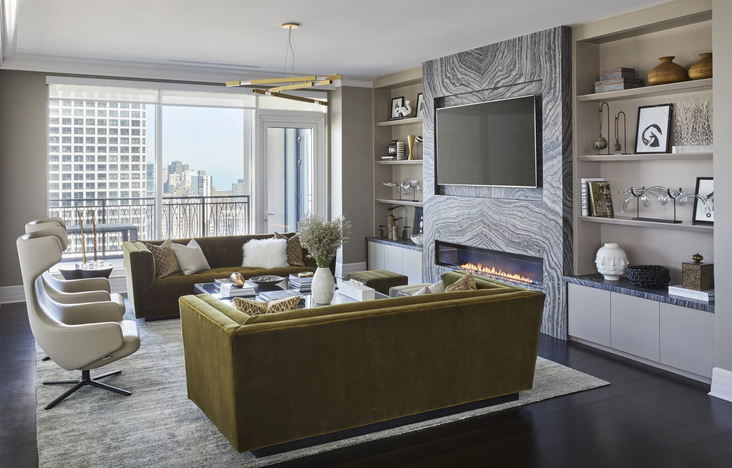 Mondi, Luxury, Chicago, Illinois, Denver, Colorado, Residential Interior Design, Interior Designer, Design Firm, Renovation, Modern, Fireplace, Velvet, Green, City Views, Swivel Chairs, Coffee Table Styling, Built-Ins, Marble Fireplace