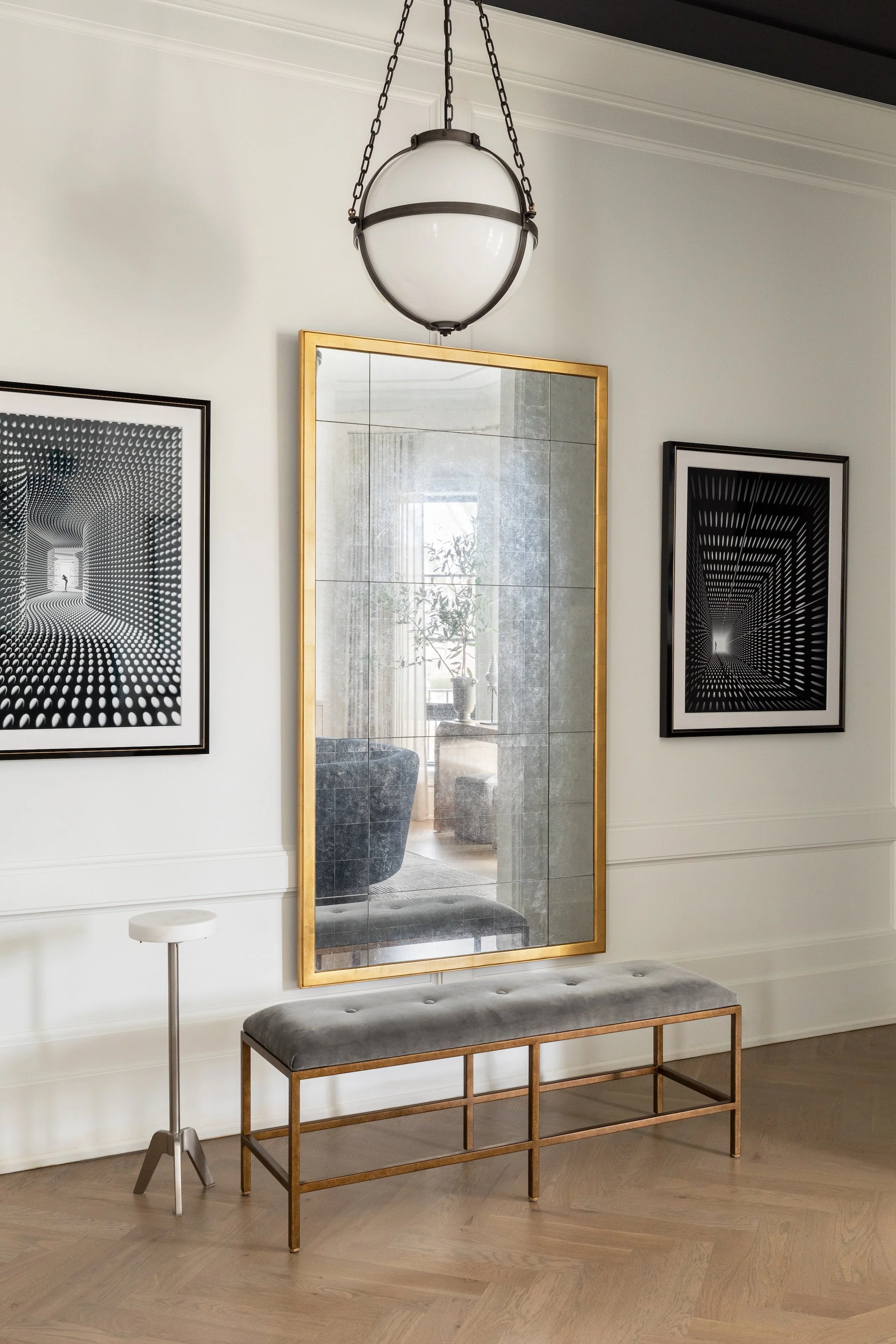 Mondi, Luxury, Chicago, Illinois, Denver, Colorado, Residential Interior Design, Interior Designer, Design Firm, Renovation, Modern, Fireplace, Statement Art, Blue, Contemporary, Hallway, Gold, Brass, Antiqued Glass Mirror, Bench