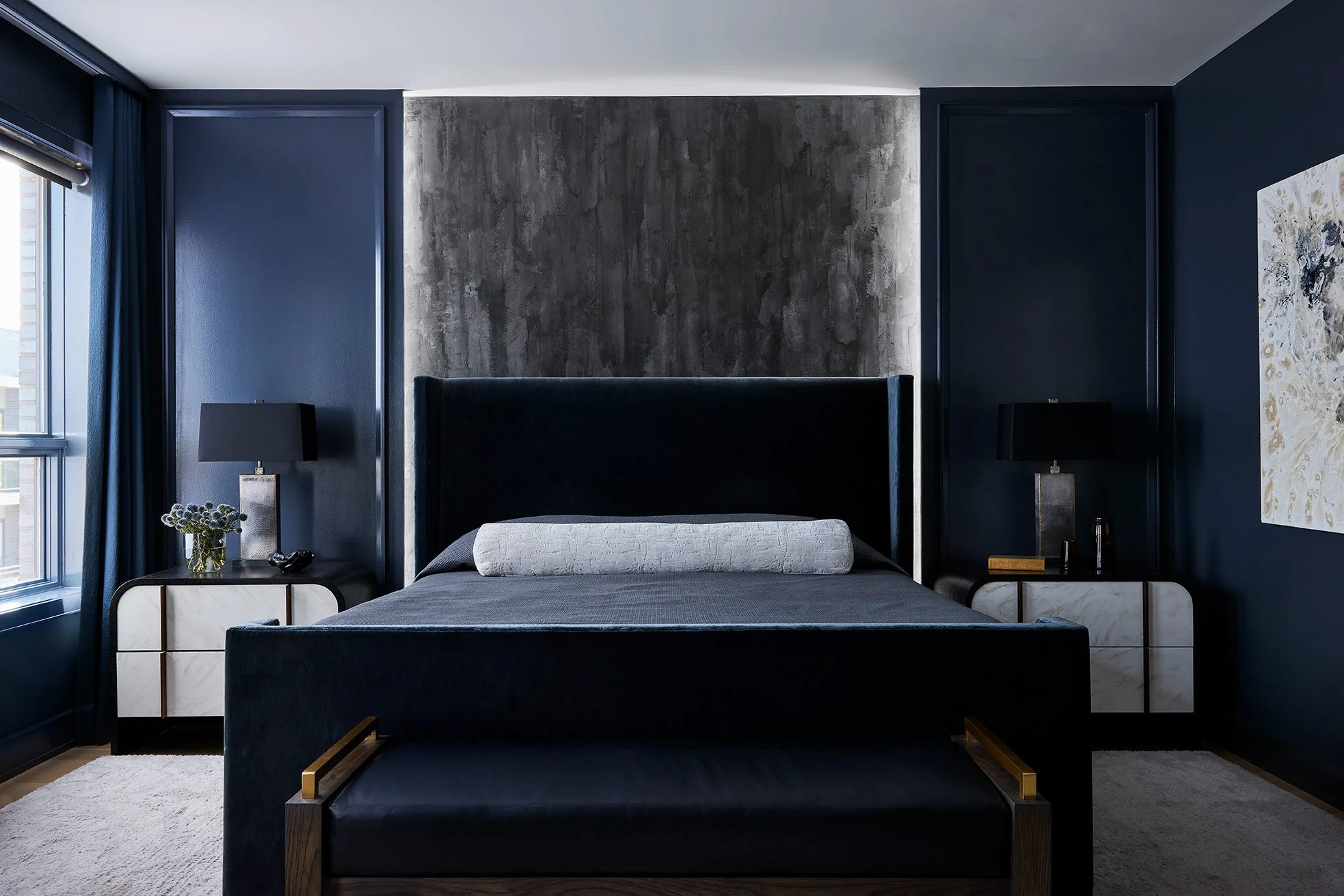 Mondi, Luxury, Dining Room, Chicago, Illinois, Denver, Colorado, Luxury Residential Interior Design, Luxury Interior Design Firm, Renovation, Primary Bedroom, Master Bedroom, Moody, Dark, Color Drenching, Navy, Blue, Velvet, Statement Wall