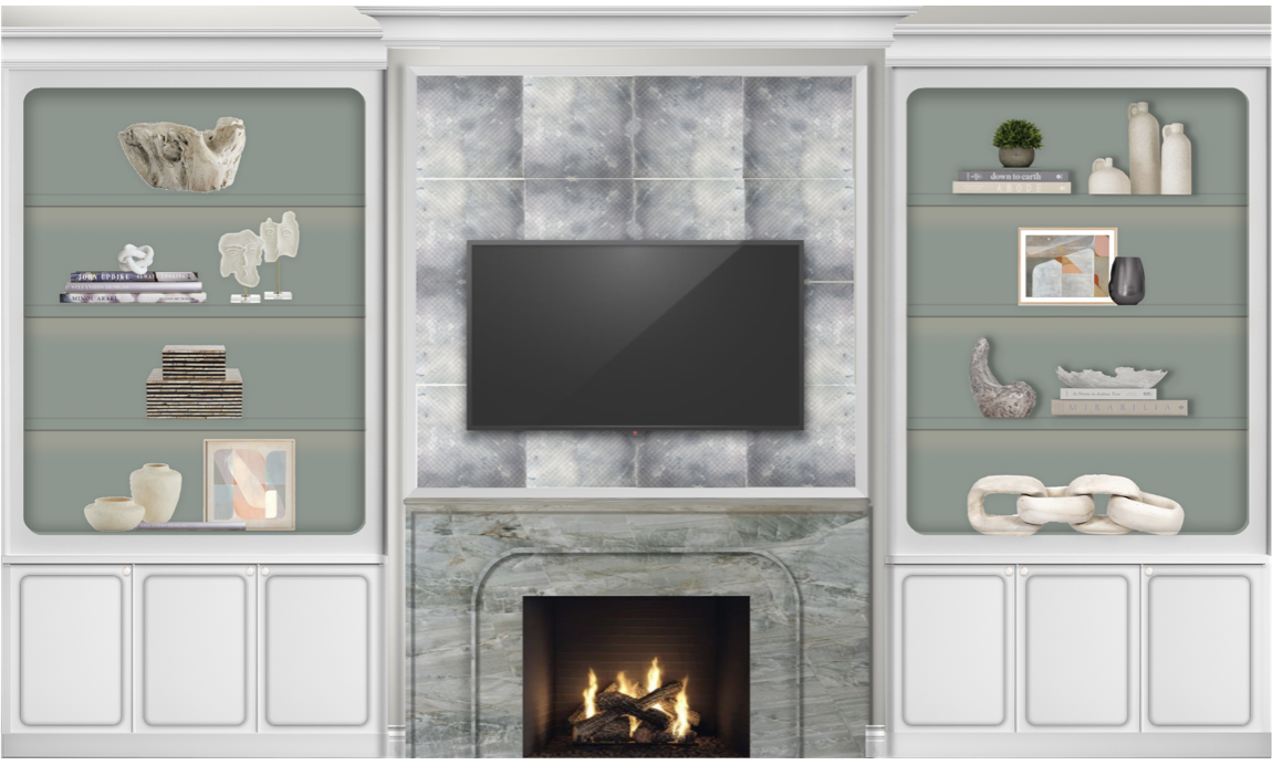 Mondi, Luxury Interior Design Firm, Chicago, Denver, Colorado, Illinois, Residential Interior Design Firm, New Construction, Renovation, Built-ins, Living Room, Fireplace, green, neutrals, modern