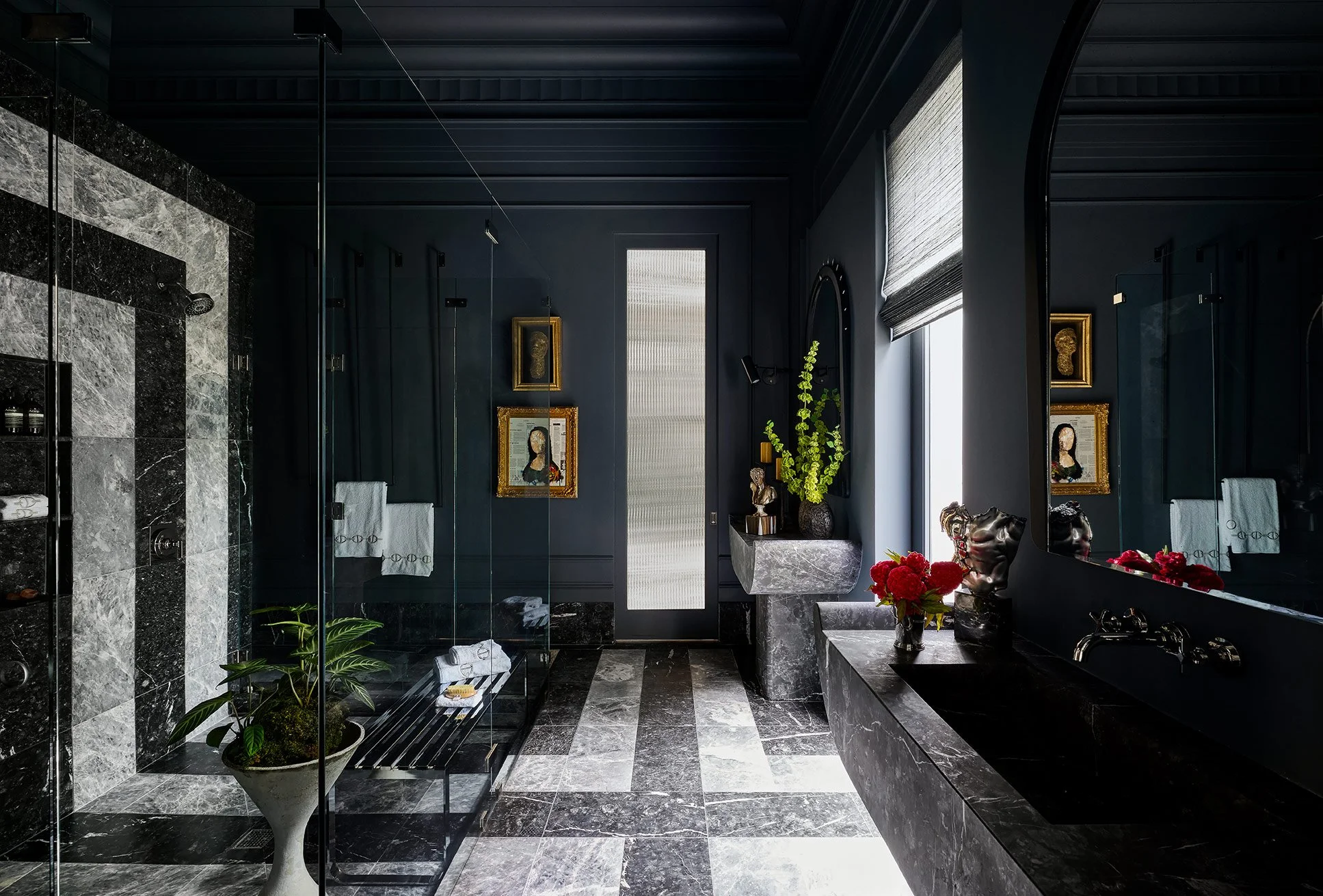 Mondi, Luxury, Chicago, Denver, Palm Beach, Kips Bay Showhouse, Interior Designer, Residential Interior Design Firm, New Construction, Modern, Moody, Marble, Color Drenching, Black, Bathroom, Master Bathroom, Primary Bathroom, Bonds Boudoir