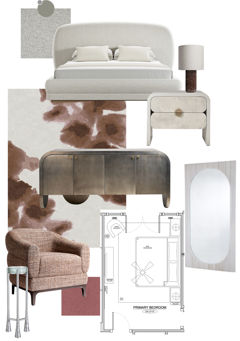 Mondi, Luxury, Chicago, Illinois, Denver, Colorado, Residential Interior Design, Interior Designer, Design Firm, Renovation, Bentonville, Arkansas, Mood Board, Floor Plan, Primary Bedroom, Master Bedroom