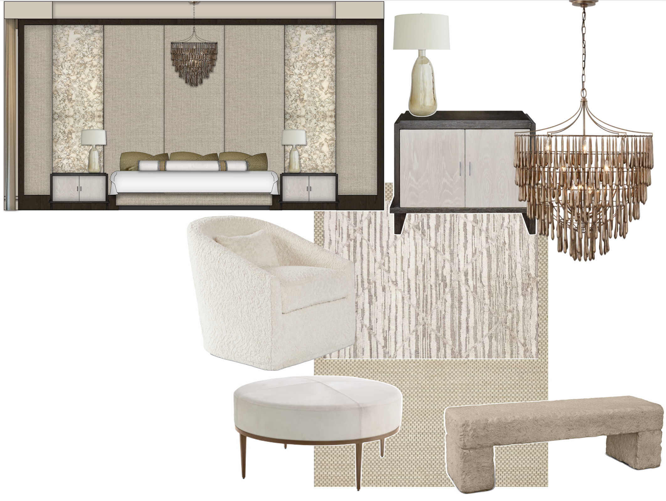 Mondi, Luxury, Chicago, Denver, Austin, Texas, Residential Interior Design, Interior Designer, Design Firm, Renovation, New Construction, Modern, Floor Plan, Mood Board, Rendering, Neutrals, Primary Bedroom, Master Bedroom