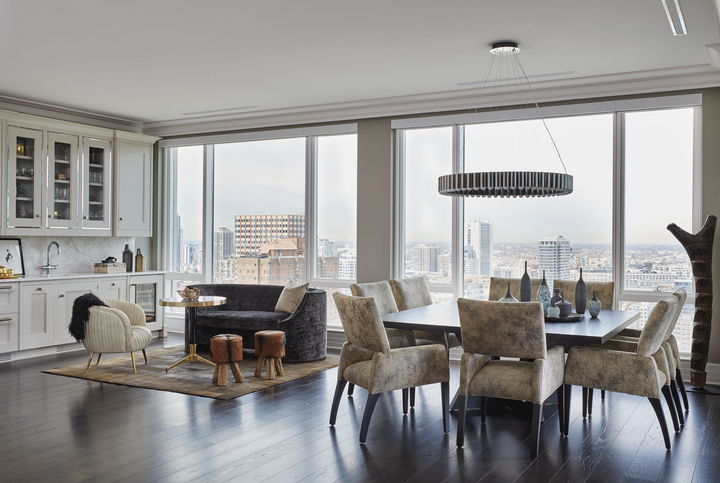 Mondi, Interior Design, Denver, Colorado, Chicago, Illinois, Luxury Residential Interior Design, Luxury Interior Design Firm, New Construction, Modern, Luxury, Dining Room, Snug, wet bar, open floor plan, city views, natural light, skyline views
