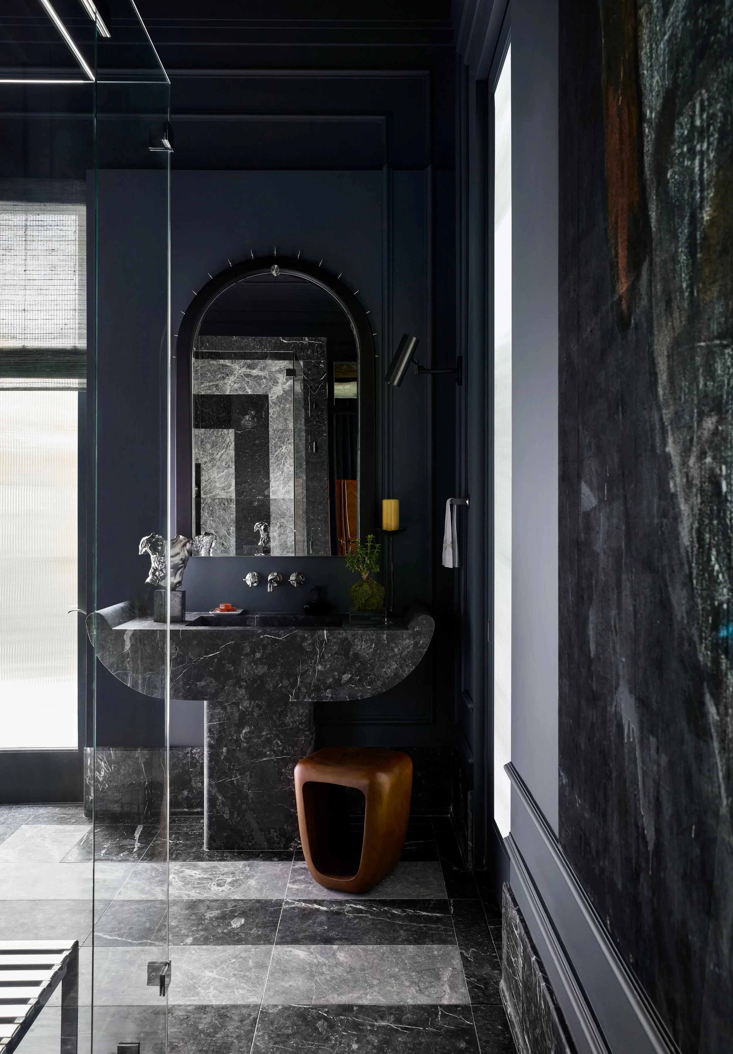 Mondi, Luxury, Chicago, Denver, Palm Beach, Kips Bay Show House, Residential Interior Design, Interior Designer, Design Firm, Renovation, Modern, New Construction, Moody, Marble, Color Drenching, Black, Bathroom, Master Bathroom, Primary Bathroom