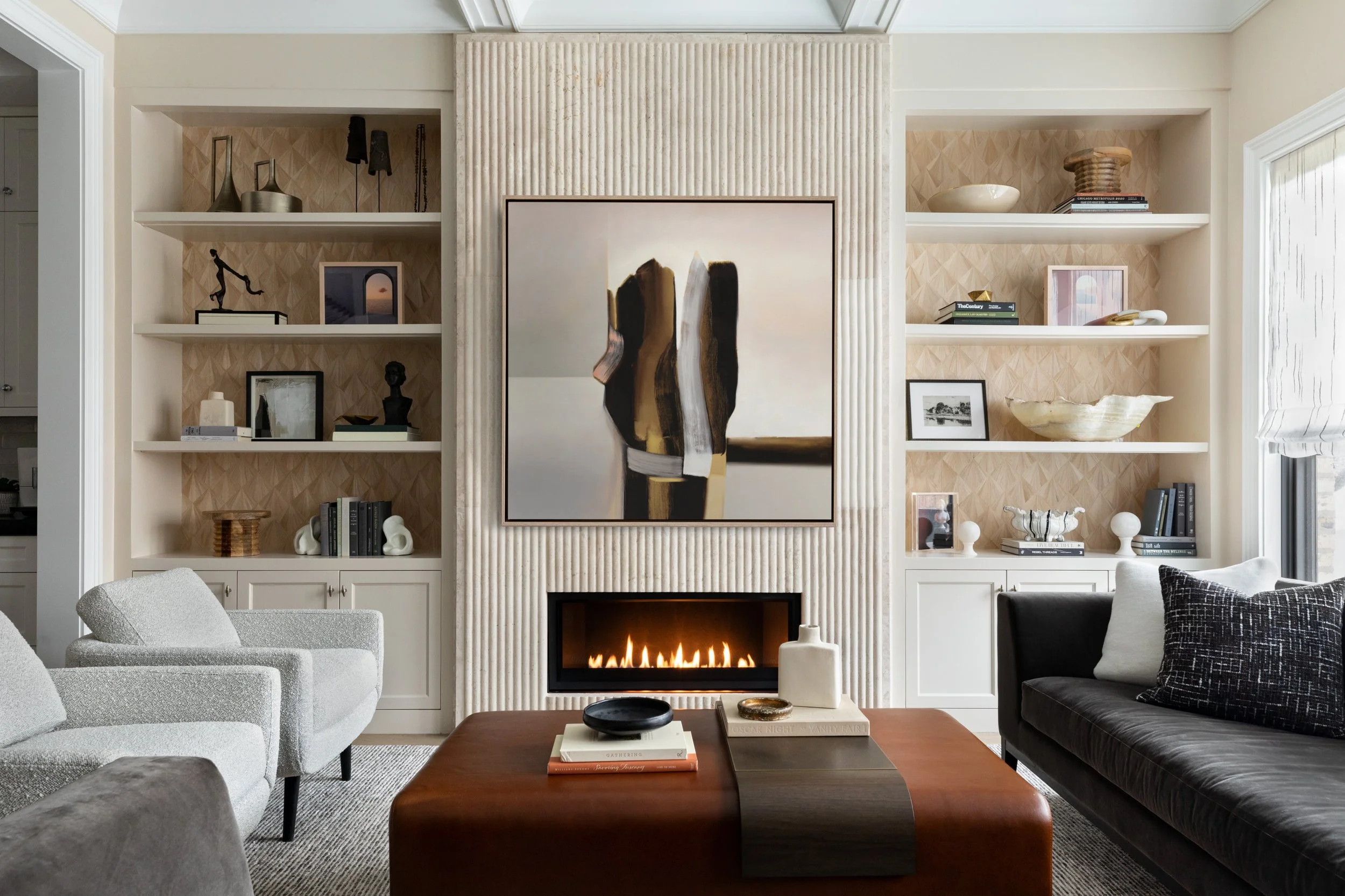 Mondi, Luxury, Chicago, Illinois, Denver, Colorado, Residential Interior Design, Interior Designer, Design Firm, Renovation, Modern, Fireplace, Statement Art, Blue, Contemporary, Form and Function, Leather Ottoman, Built-ins, Boucle