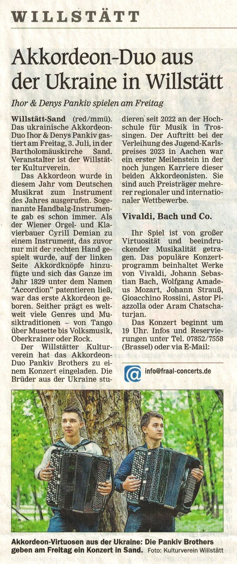 Presseberichte über unser Konzert in Sand (Ortenau) in der Mittelbadischen Presse.