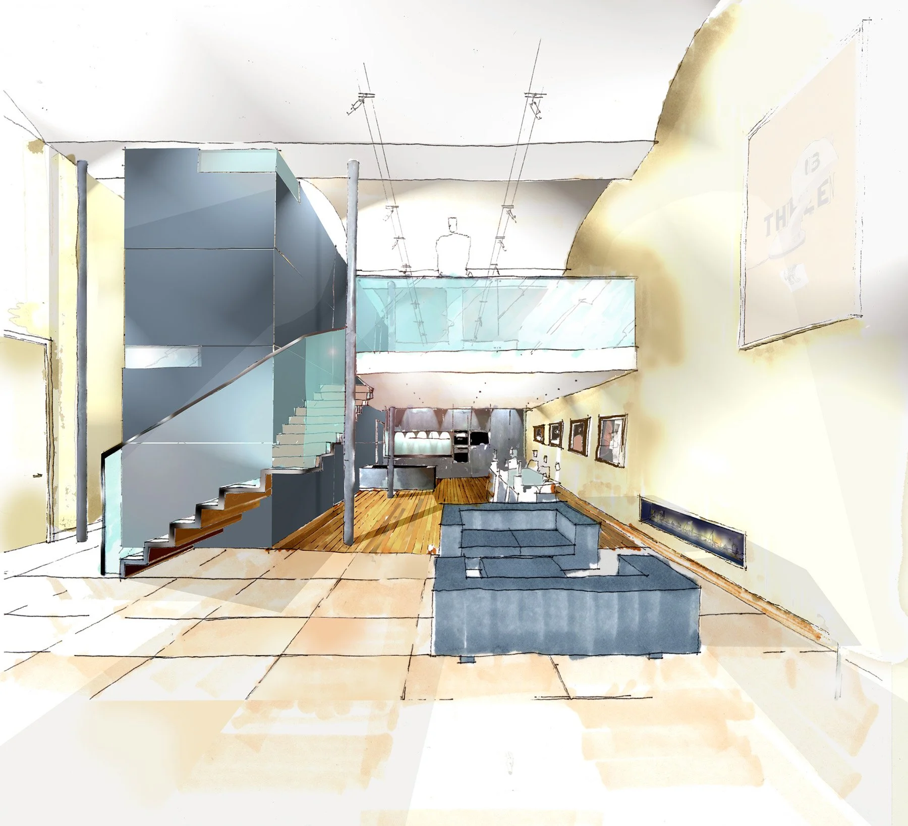 Initial hand-drawn design sketch for the conversion of a former Dundee jute mill engine room