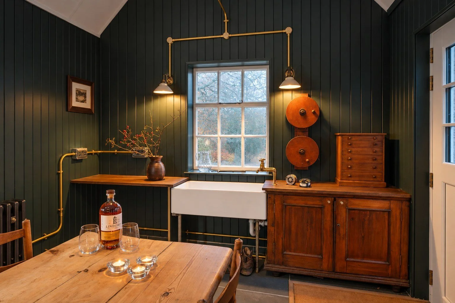 Rod room in Aberdeenshire with dark timber panelling, brass wall lights, a Belfast sink, antique storage furniture and whisky glasses on a timber table.