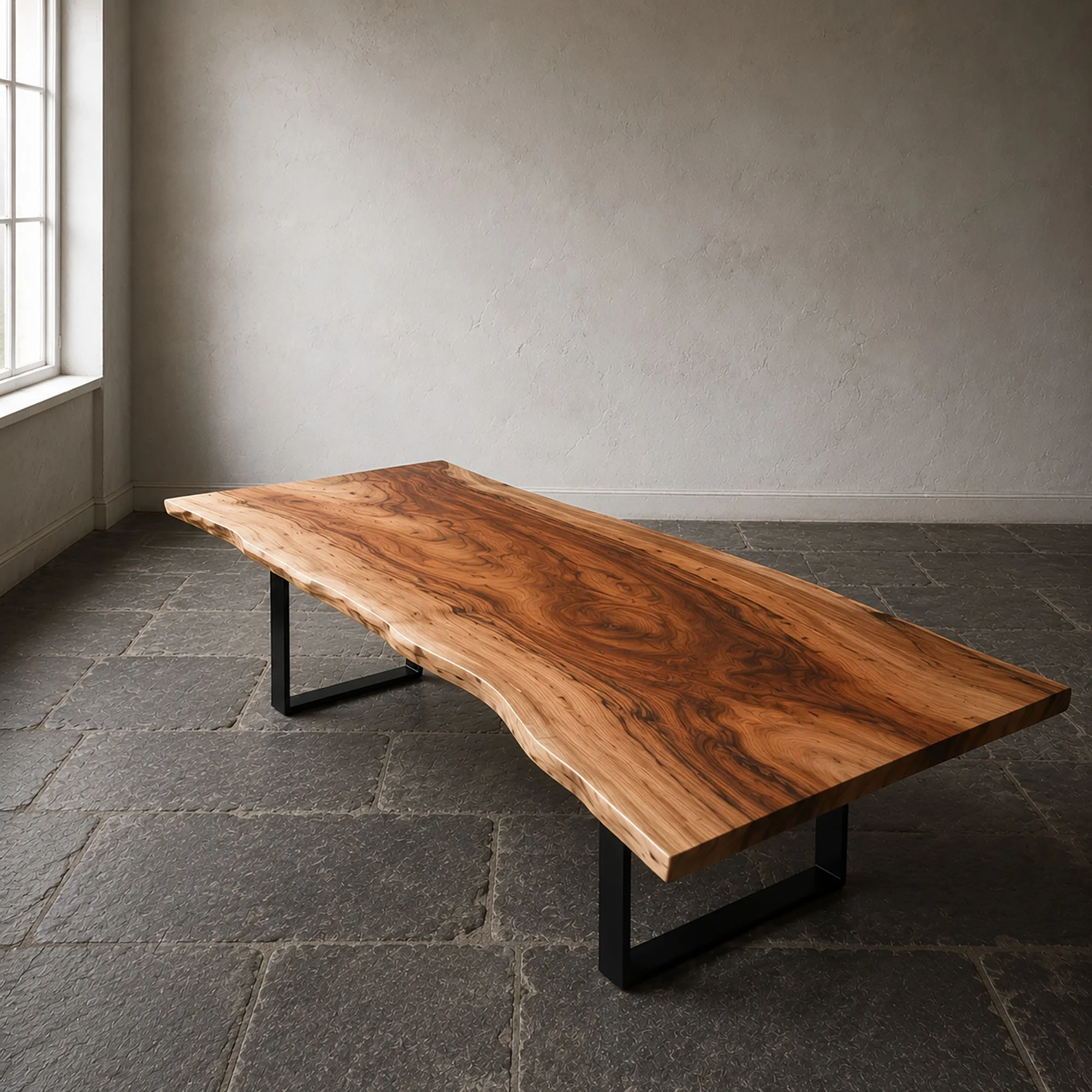 Handcrafted solid wood table in a stone floored interior