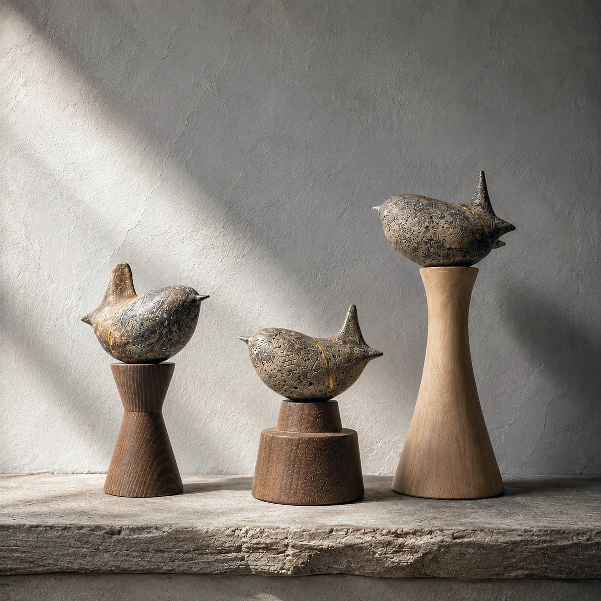 Three vintage sculptural birds on wooden stands