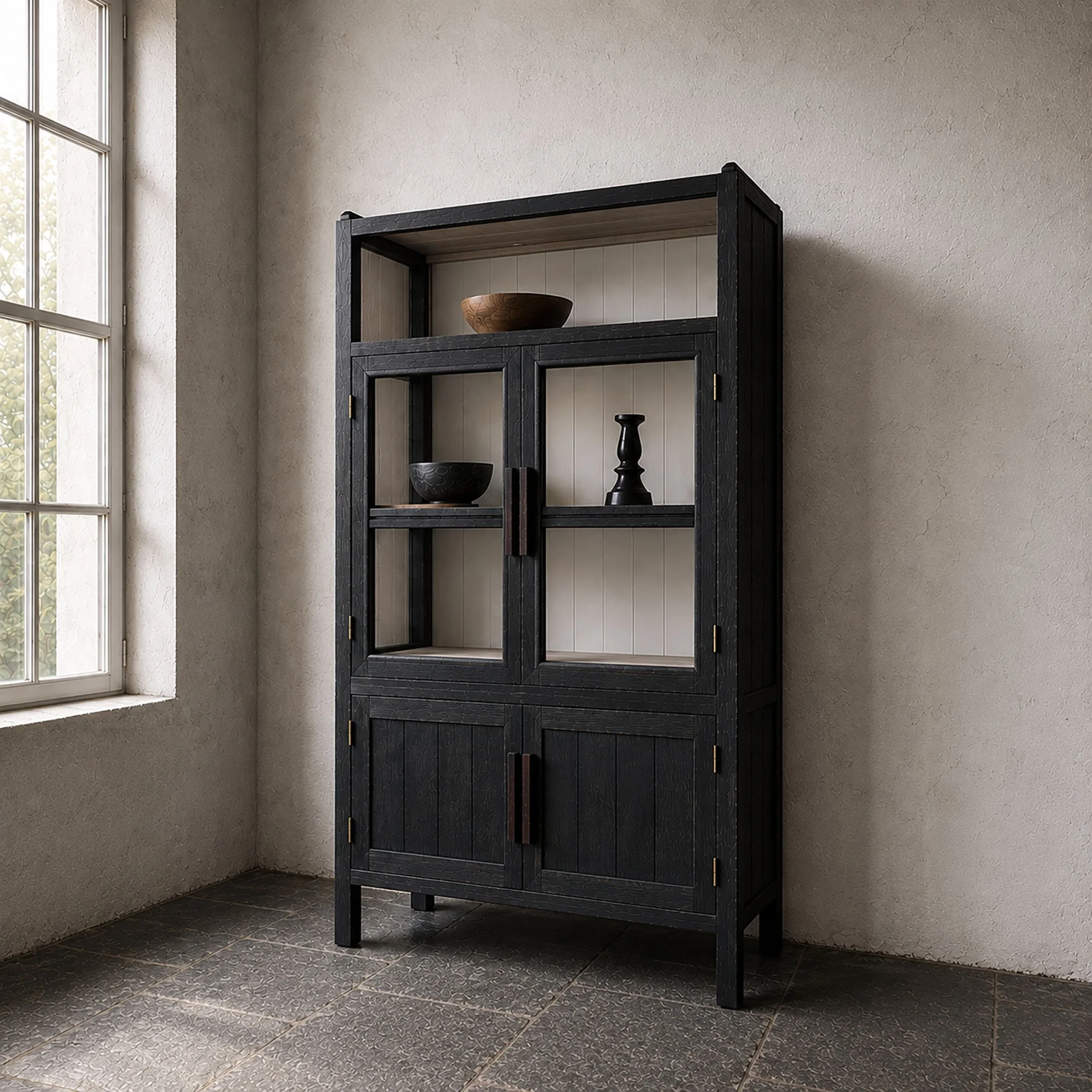Black charred wood vintage storage and display cabinet