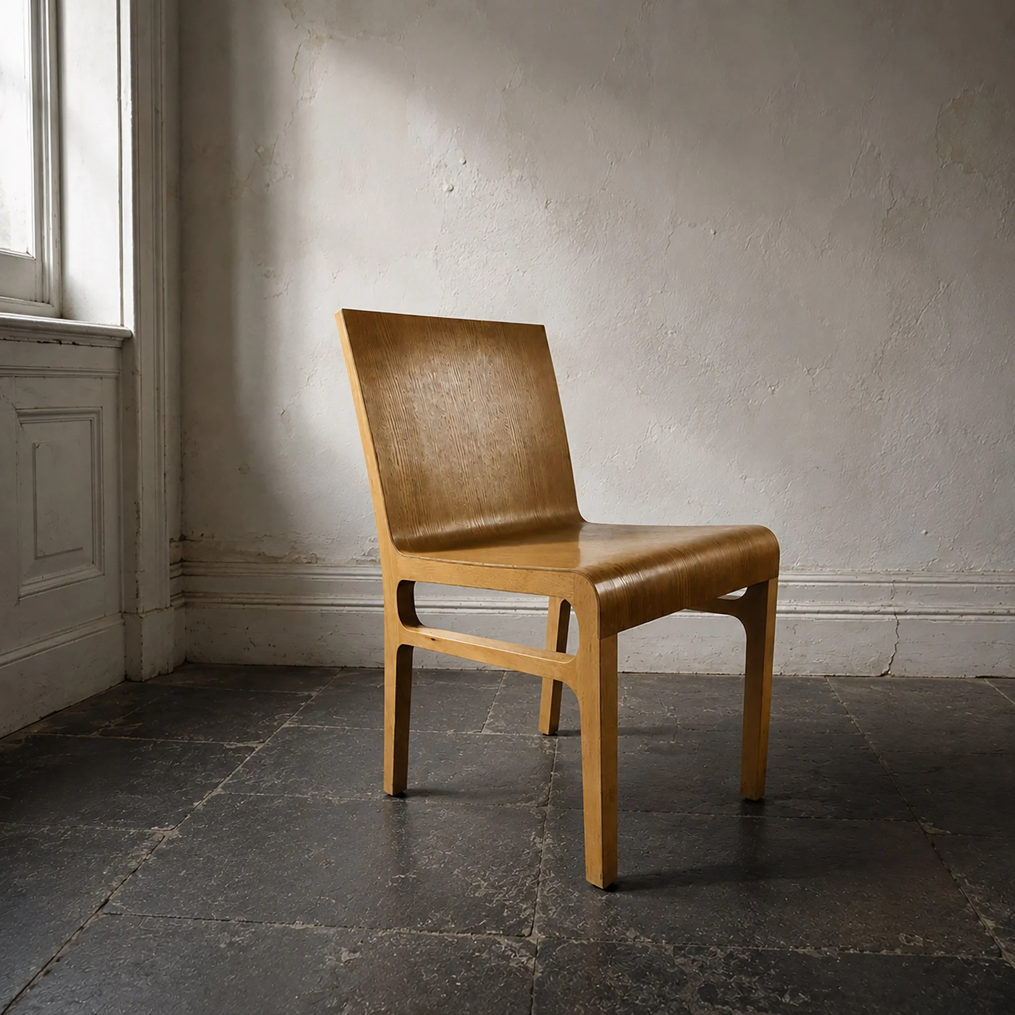 TVintage wooden chair in a minimal plaster interior