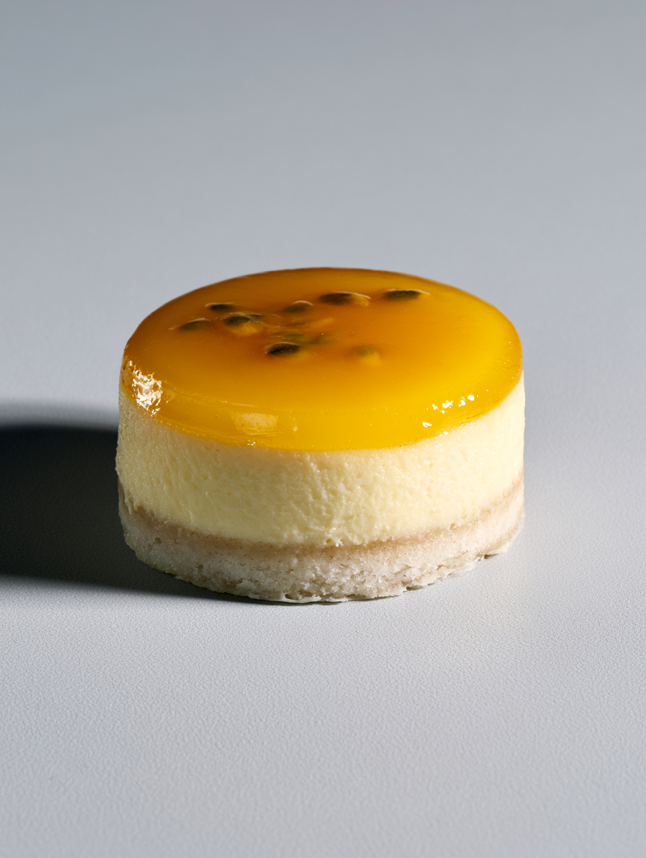 Passion fruit cheesecake with yellow passion fruit topping on a grey surface.