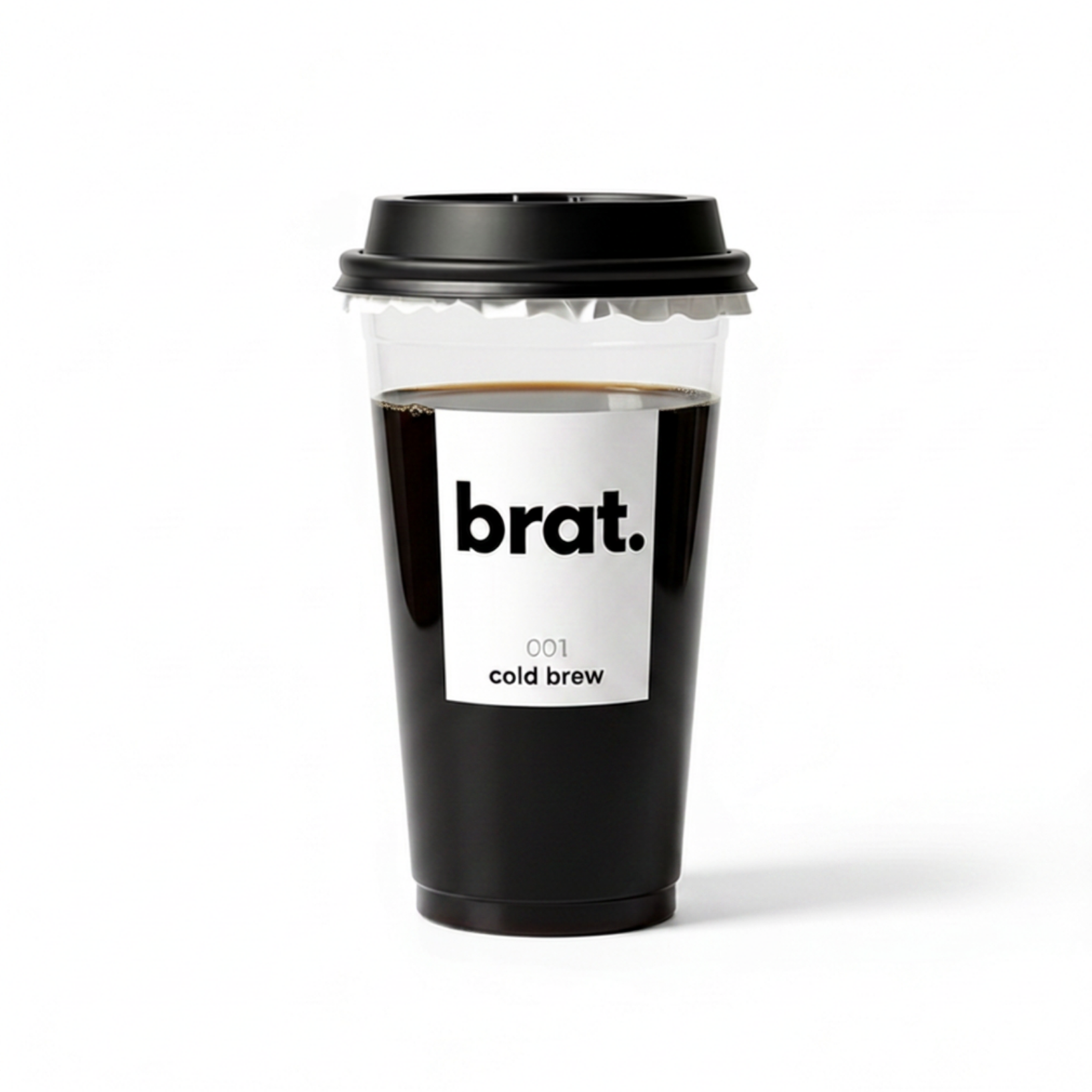 A disposable coffee cup with a black lid, black sleeve, and a white label that says 'brat.' and '001 cold brew' on a white background.