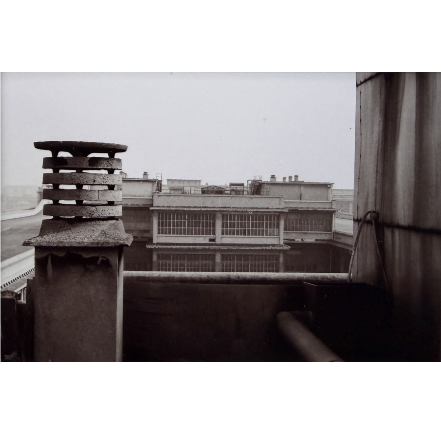 "Fiat Factory, Turin" Black and white photo approximately 4" x 6" , matted, NFS.